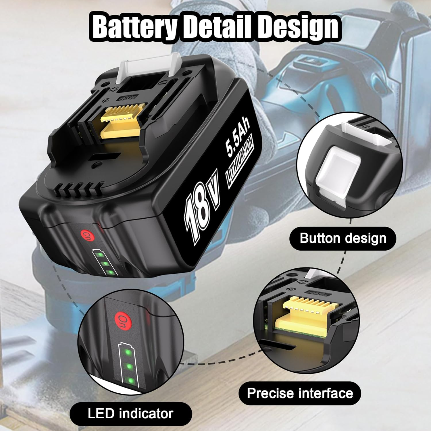 KUNLUN Lithium-Ion 5500Mah Replacement Battery Compatible for Makita 18V Cordless Power Tools with Indicator Light image number 1