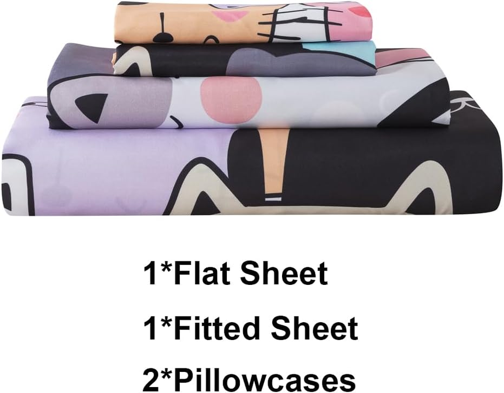 ADASMILE a & S Kids Bedding Cartoon Cat Sheet Set Queen Size for Girls Teens 4 Pieces Kawaii Cat Animal Bed Sets with Kitten Fitted Sheet 1 Flat Sheet 2 Pillowcases All Season Bedroom Decor image number 5