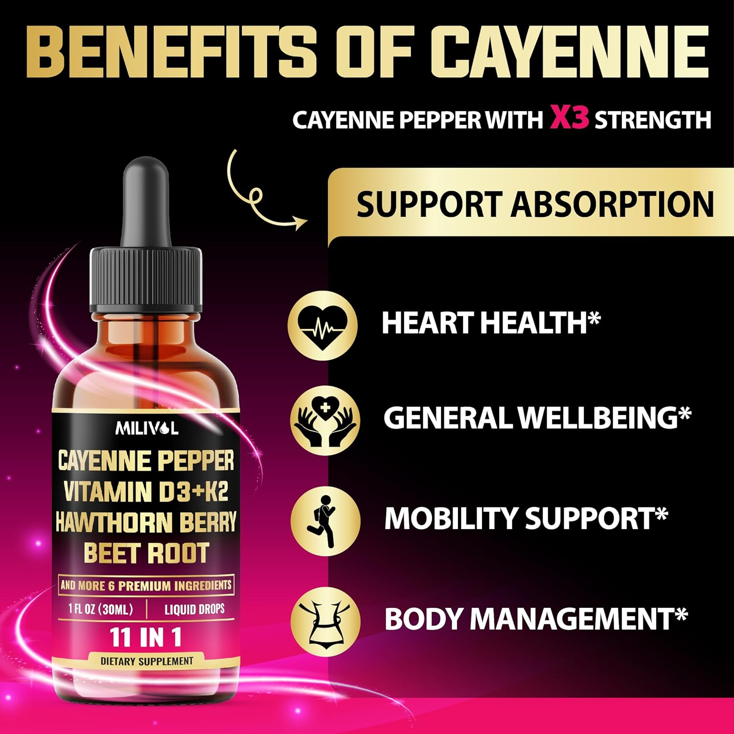 11In1 Cayenne Pepper Liquid Drops with Vitamin D3, K2, Berberine, Bitter Melon, Turmeric & More &ndash; for Health Support &ndash; 1 FL Oz &ndash; 60 Days Supply image number 6