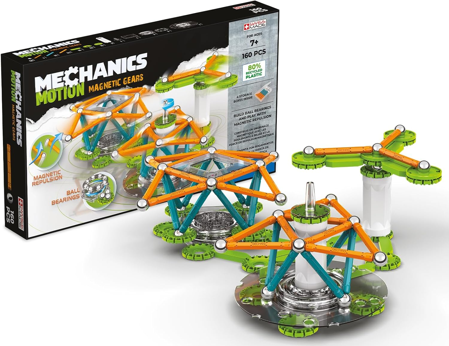 Geomag - Mechanics Motion Magnetic Gears - Educational and Creative Game for Children - Magnetic Building Blocks, Recycled Plastic - Set of 160 Pieces, Multi-Coloured, 768 image number 1