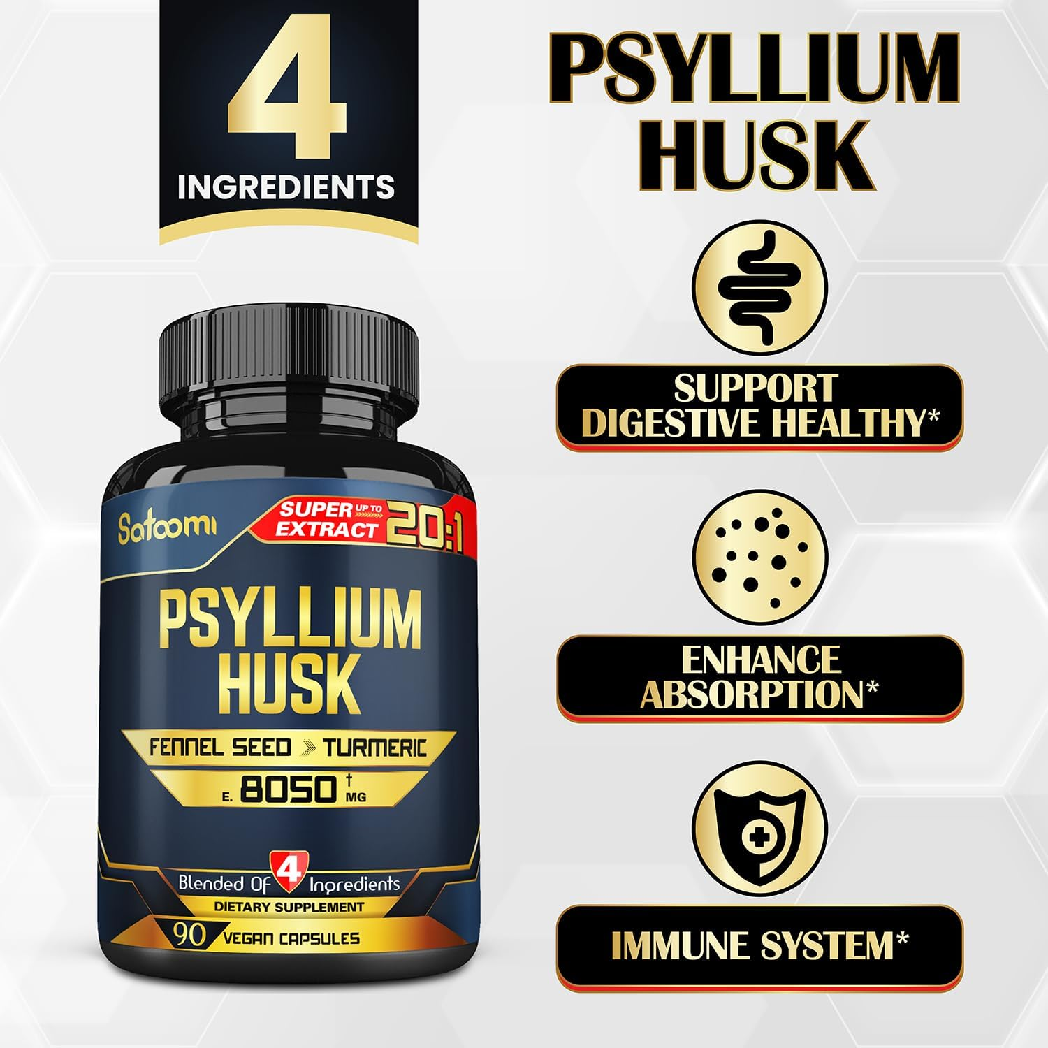 SATOOMI Psyllium Husk Capsules - 4 Powerful Natural Ingredients with Fennel, Turmeric Blend & Black Pepper - 90 Vegan Count for 3 Months image number 2