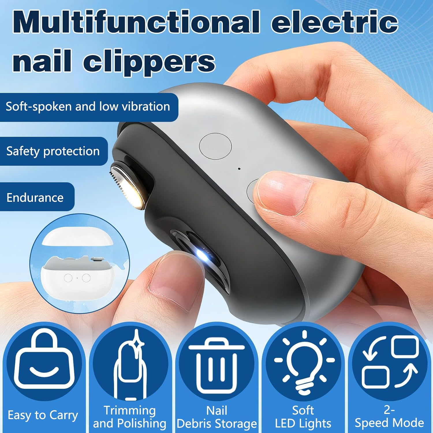 Easyclip Smart Nail Clipper, 3-In-1 Easy Clip Smart Nail Clipper, with LED Light, Nail Scraps Storage and Polishing, for Seniors, Kids(Gray) - Gray image number 4