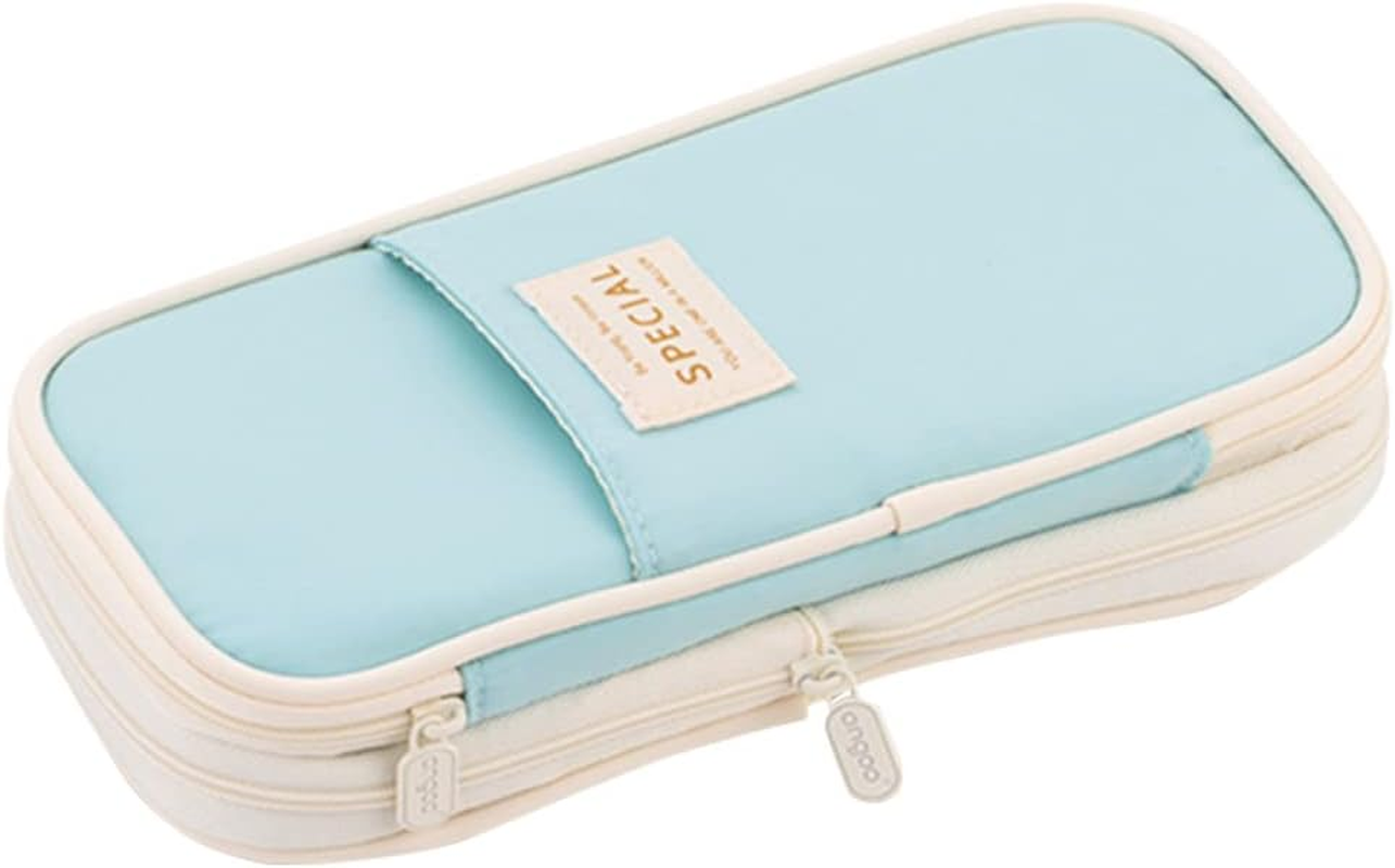 Isuperb Pencil Case Large Capacity Student Canvas Pencil Case Storage Bag Double Zipper Pencil Box for School, Light Blue, Modern image number 2