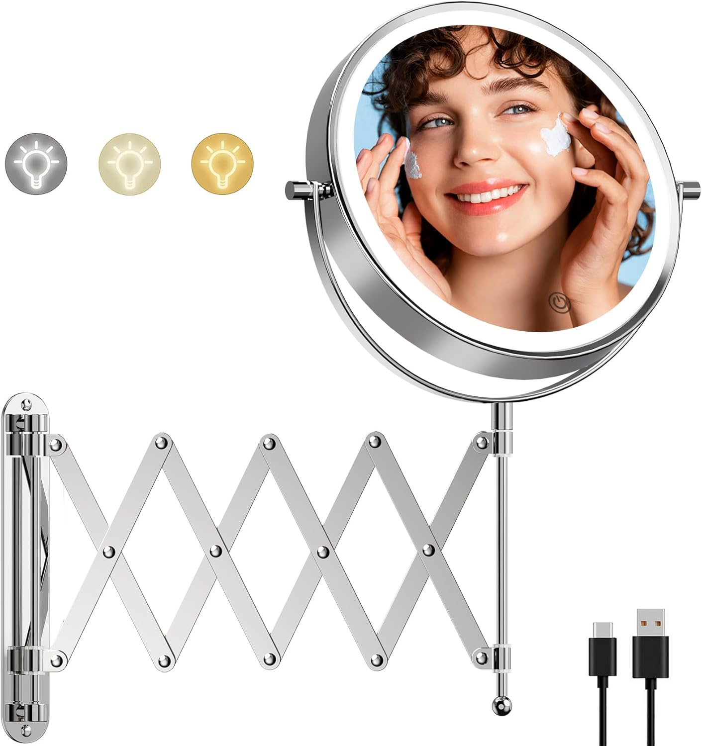 Famihomii Wall Mounted Bathroom Makeup Mirror with Lights, Rechargeable 8 Inch 1X/10X Double Sided Magnifying Mirror with 360&deg; Swivel Bathroom Extendable Arm, Telescoping Mesh Shaving Mirror - Chrome image number 6