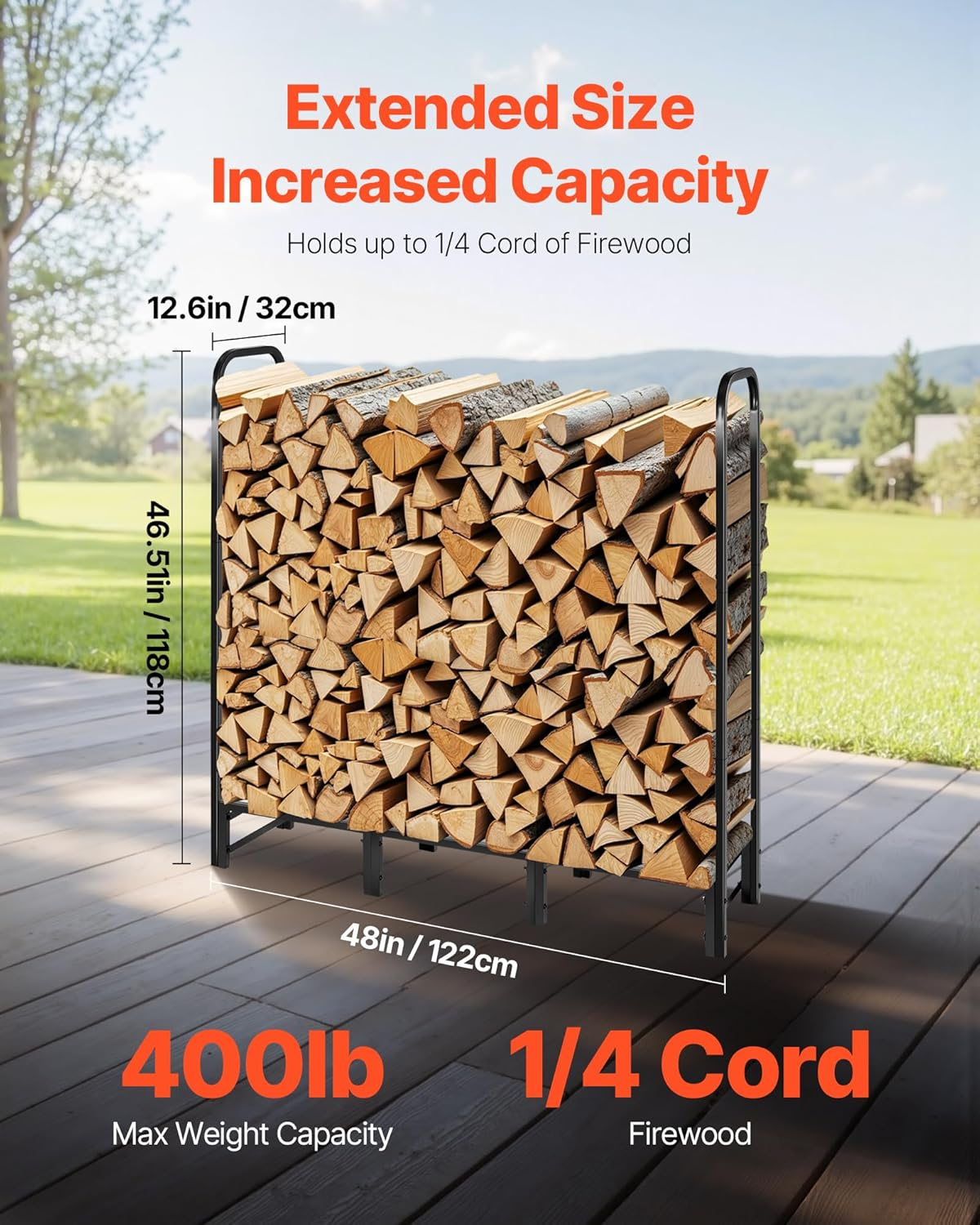 VEVOR Firewood Rack with Waterproof Cover, 1.22M Outdoor Firewood Holder, 1/4 Cord Storage Metal Log Holder, 400Lb Max Weight Capacity, Full Covered, Powder-Coated Wood Storage Rack for Fireplace Deck image number 6