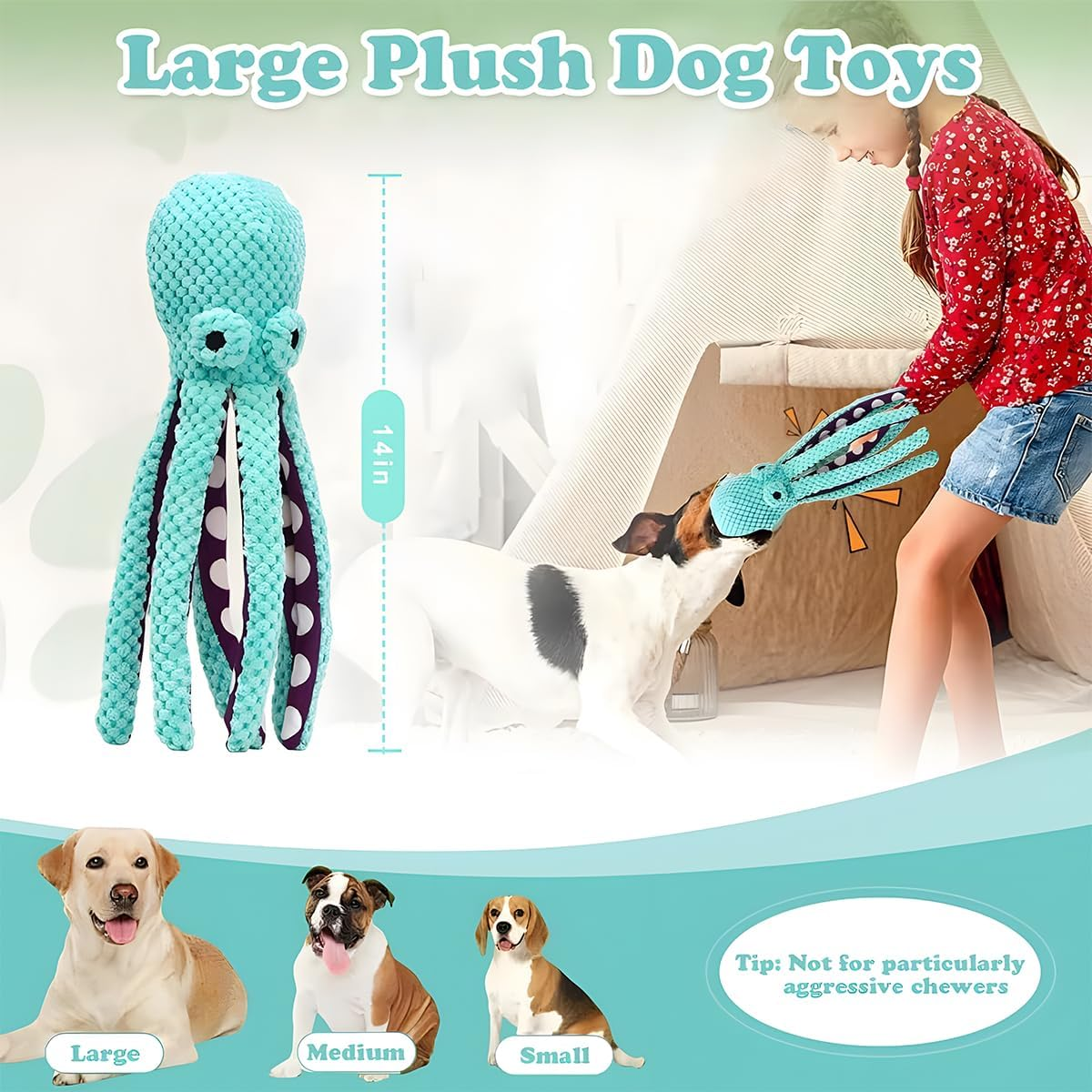 JZS Squeaky Dog Toys, Durable Large Octopus Chew Toys for Dogs Interactive Squeaky Plush Toys for Small, Medium, Large Dogs Green