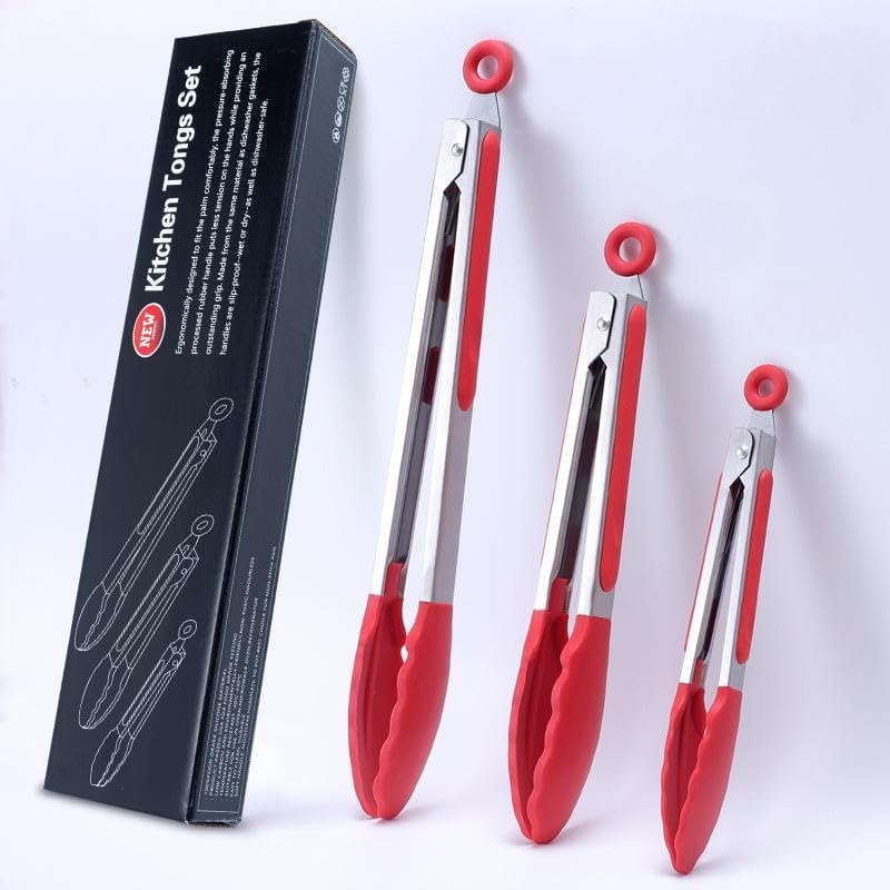 3Pcs (7", 9" & 12") Set Silicone Heat Resistant Kitchen Tongs,Premium Locking Cooking Tongs with Silicone Tips, Non-Slip Food Tongs for Cooking, Non-Stick, Stainless Steel Handle (Grass Green)