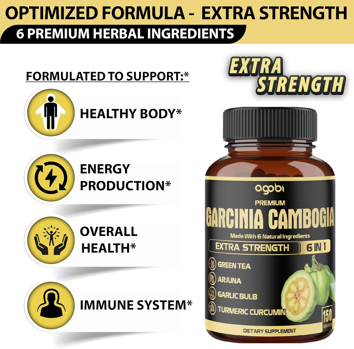 Garcinia Cambogia Extract Capsules - 6In1 with Green Tea, Arjuna, Garlic, Turmeric, Black Pepper - 8550Mg 150 Counts 5 Months - Body, Digestive & Immune Support image number 6