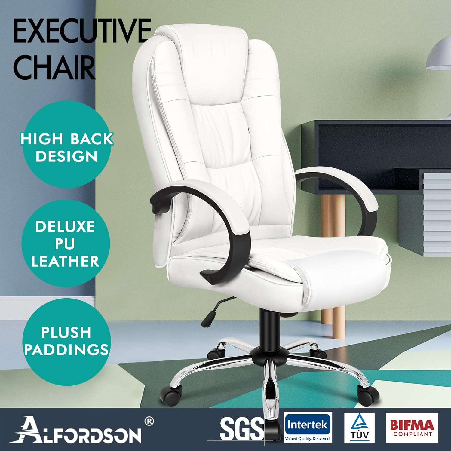 ALFORDSON Office Chair with 150&deg; Recline and SGS Listed Gas-Lift, Ergonomic PU Leather Executive Chair with TUV Certified Wheel for Computer Desk, Swivel Gaming Chair for Max 150Kg (Classic White) image number 1