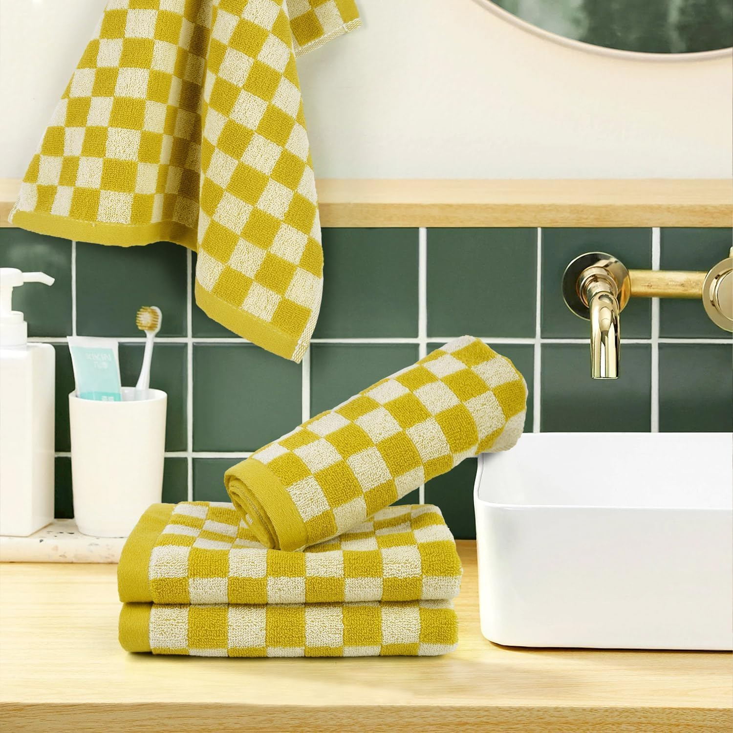 Jacquotha Quick Drying Washcloths - Pack of 12, 13X13 Inches, 100% Cotton Wash Cloths for Showering Spa Kitchen, Yellow Checkered Face Cloths - Orange image number 6