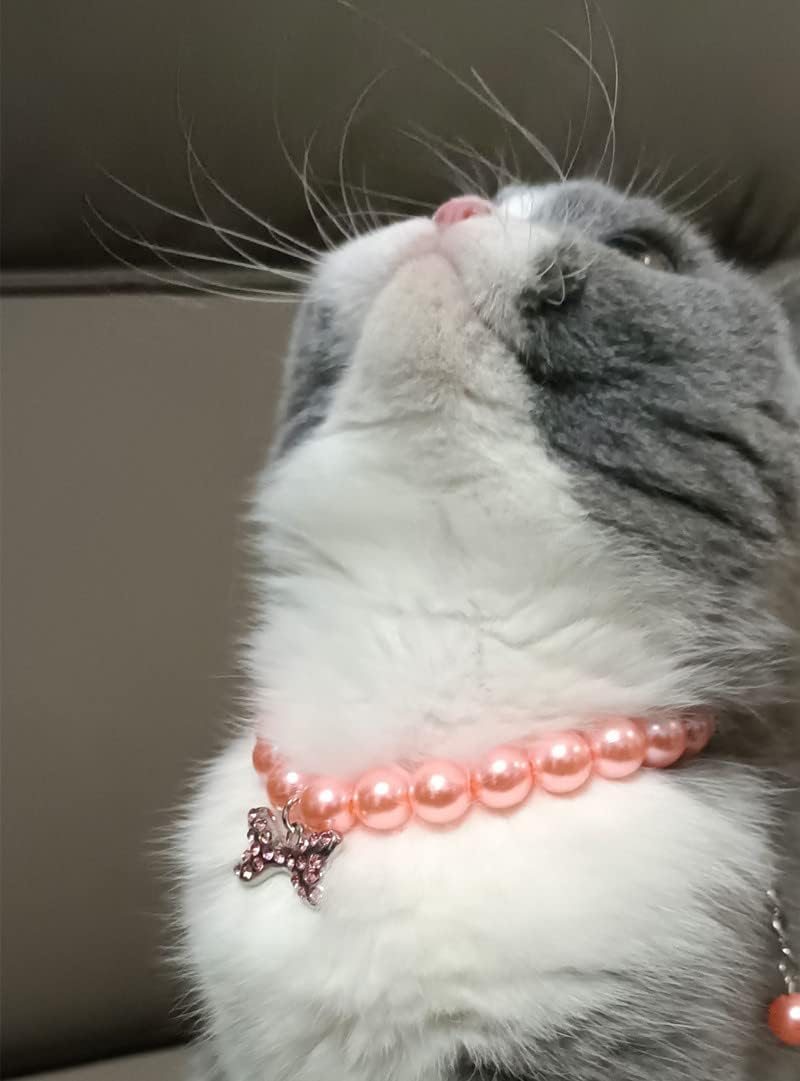 Dog Accessories for Girls Pearl Collar Necklace for Dogs Cats Coquette Bow Pearl Dog Necklace Collar Jewelry for Wedding Birthday Party Diamond Pearls Necklace with Rhinestone Bone for Dog (Pink, L)