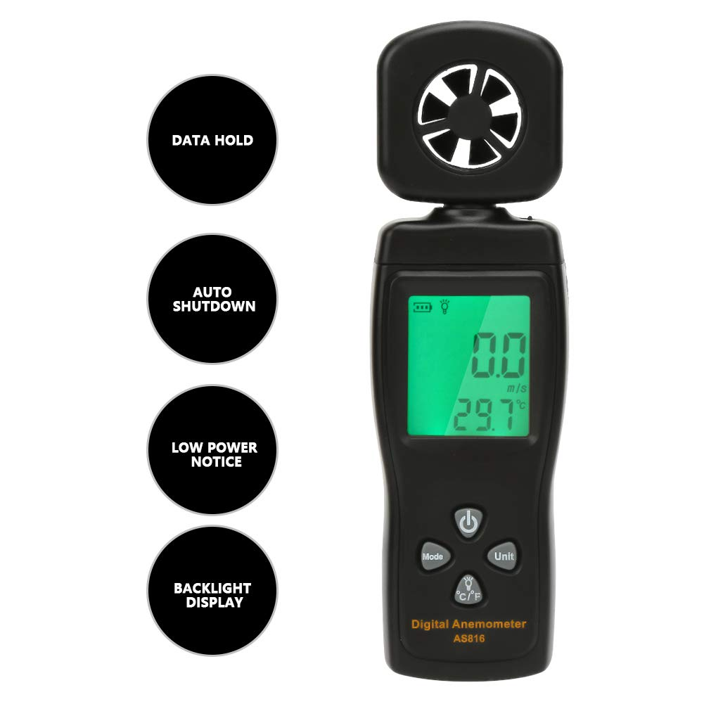 2 in 1 Wind Speed & Temperature Measurement Digital Anemometer AS816 Speed Air Tester Handheld LCD Weather Instruments for Sailing Surfing Fishing, Portable Gauges,
