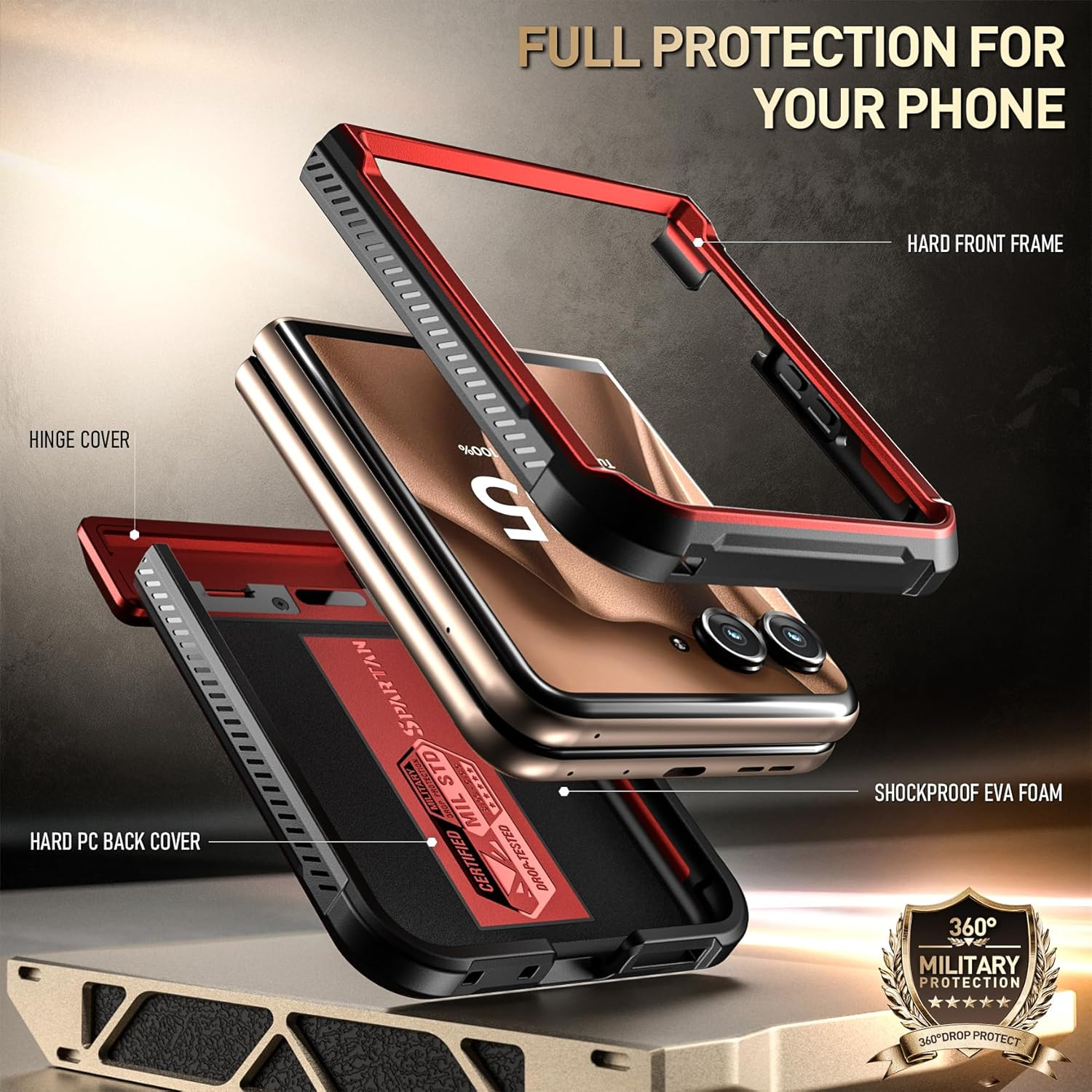 Poetic Spartan Case for Motorola Moto Razr + plus 2024/Moto Razr+ plus 2025, [Kickstand][Hinge Protection], Full-Body Rugged Shockproof Protective Cover with Kickstand, Metallic Red - Metallic Gun Metal image number 4