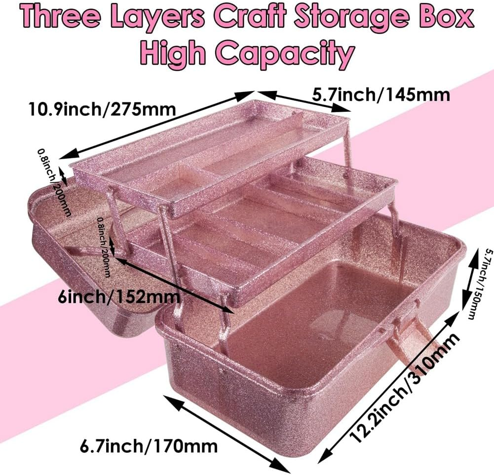 Bjworeye Glitter Pink & Craft Tool Storage Box,3-Layer Stackable Carry Tackle Box Sewing Box Organizer for Art image number 2
