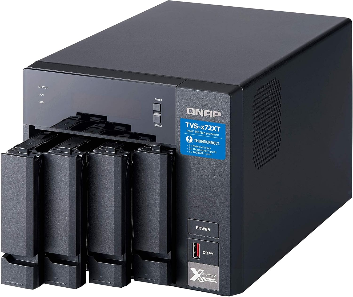 QNAP TVS-472XT-PT-4G 4 Bay NAS Intel&reg; Pentium G5400T 2-Core 3.1 Ghz 4GB DDR4 Hot-Swappable 2 Xpcie 2Xgbe 1X10Gbase-T 2Xthunderbolt 1Xusb3.2 2 Yrs