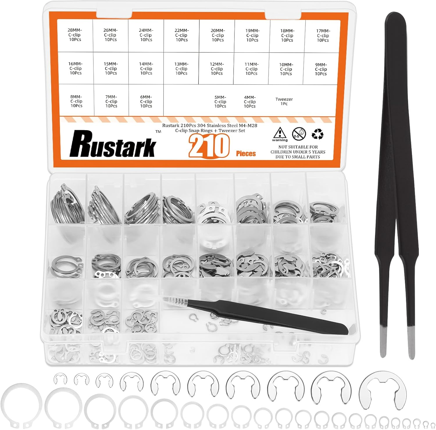 303Pcs 304 Stainless Steel M1.5-M10 E-Clip Circlip Retaining Rings Assortment Kit and M4-M28 C-Clip External Snap Rings Assortment Kit with Tweezers image number 2