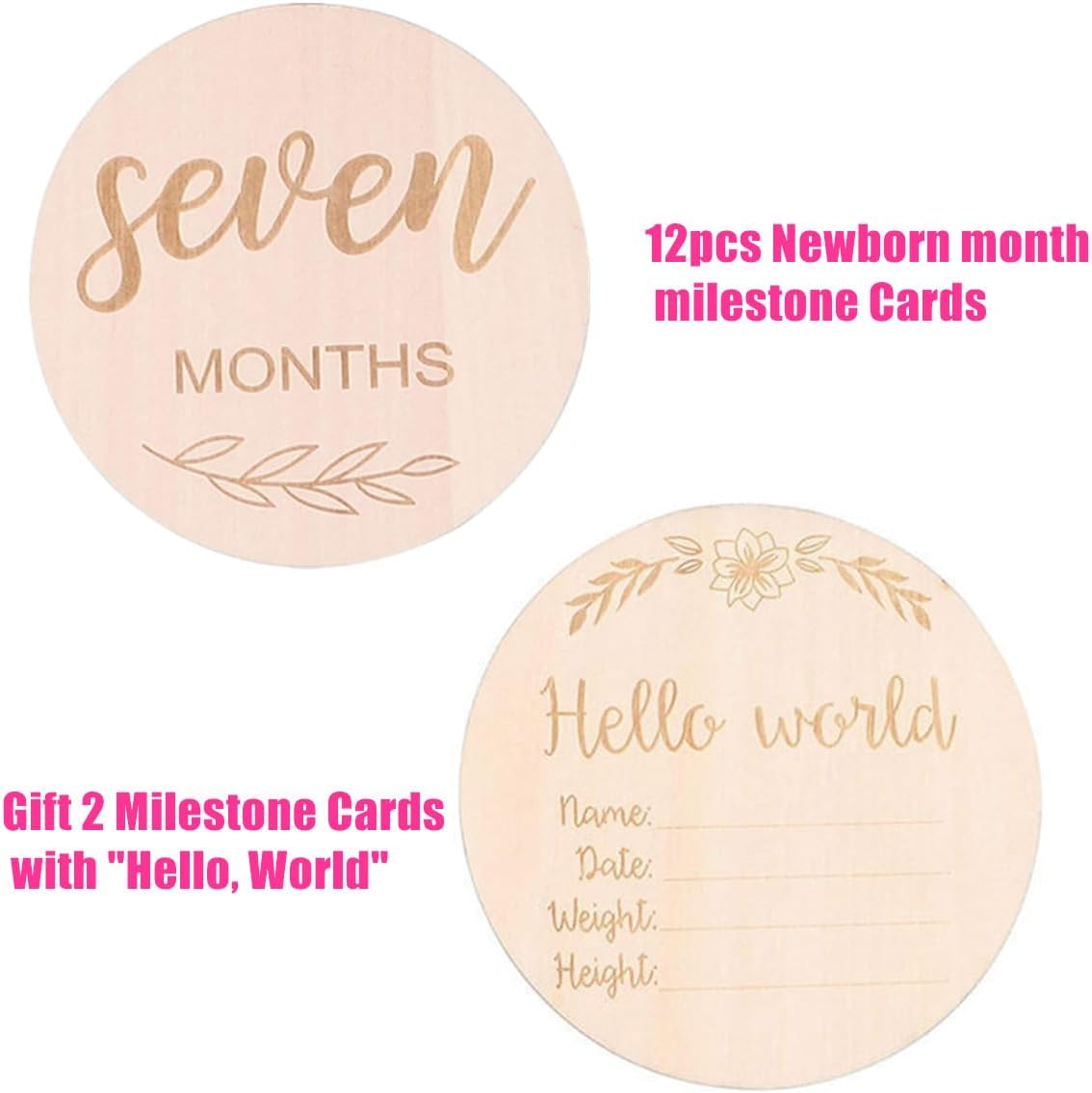 1 Set Newborn Boy/Girl Monthly Milestone Cards,Round Wooden Newborn Milestone Discs,For Monthly Growth Photo Props/Gift, Pregnancy Journey,Decoration Cards(12 Pcs,3.9In) image number 3