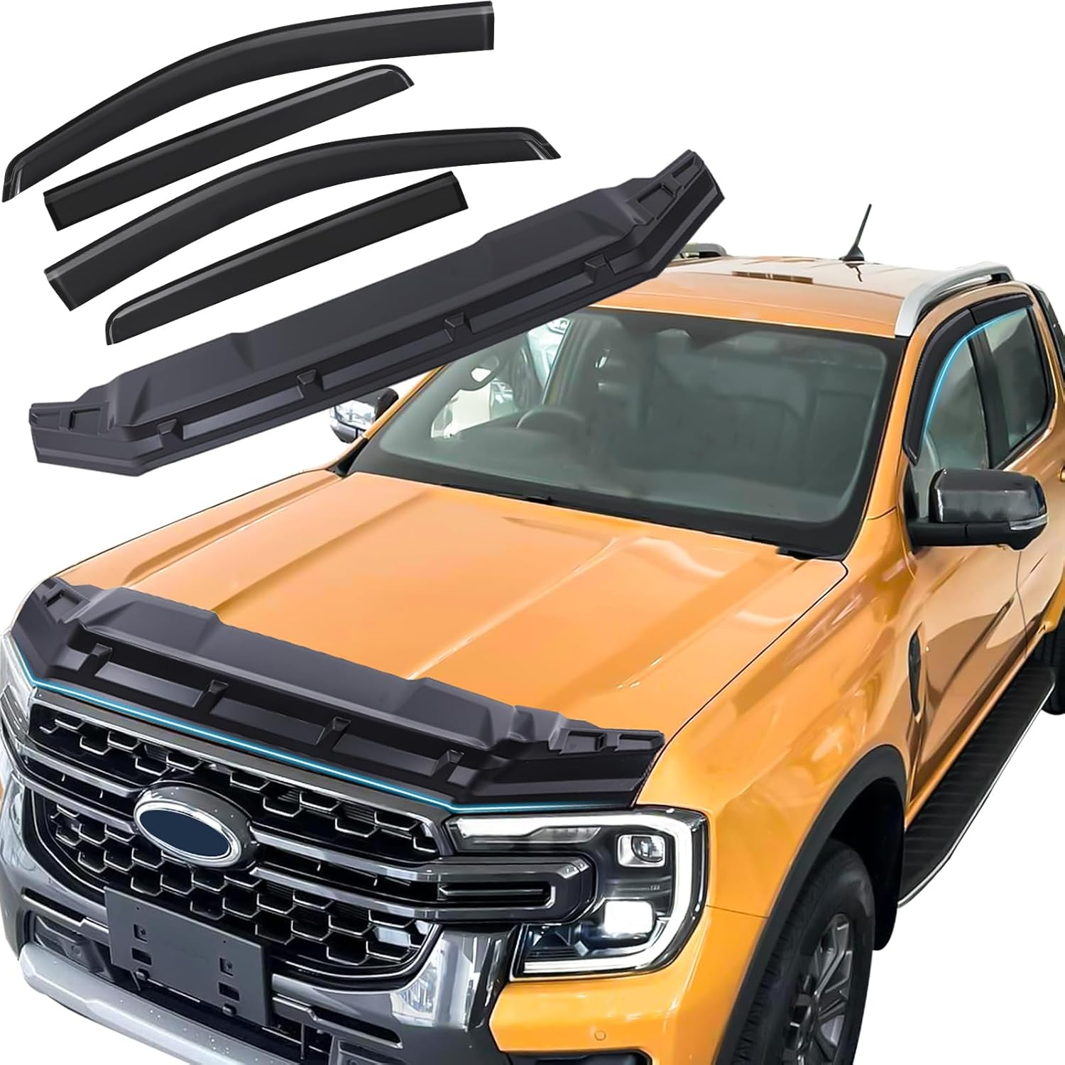 Bonnet Protector Weathershields Window Visor Set for Ford Ranger Next Gen 2022 2023 2024 2025 Accessories, Black Bonnet Protector Stone Guard Sun Rain Wind Deflector Guards image number 2