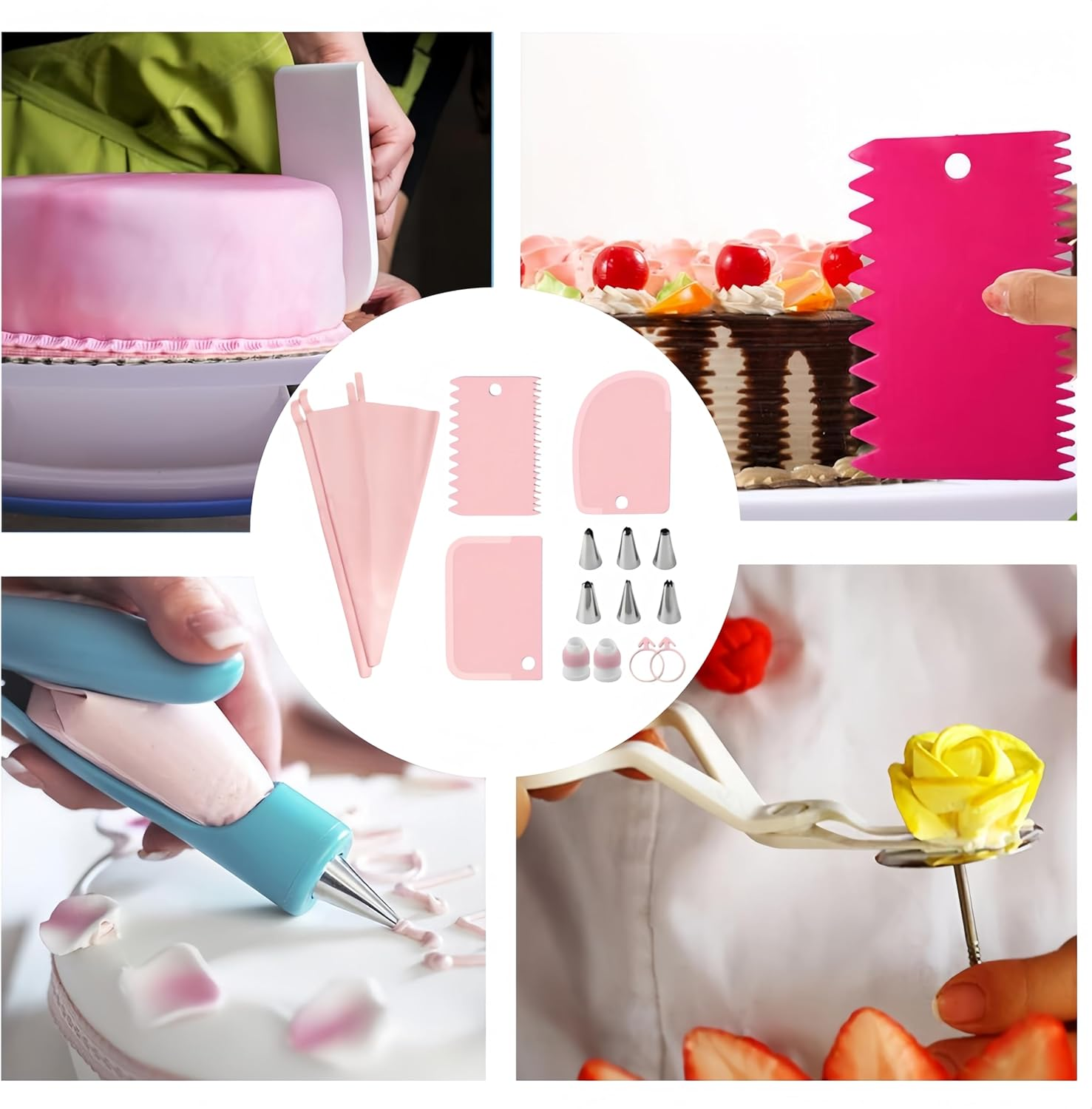 Piping Bags, Piping Bags and Nozzles, Icing Piping Kit,Nozzles Set with Converter, Premium Stainless Steel Piping Nozzles for Decorating Cakes & Cupcakes(15Pcs Pink) image number 3