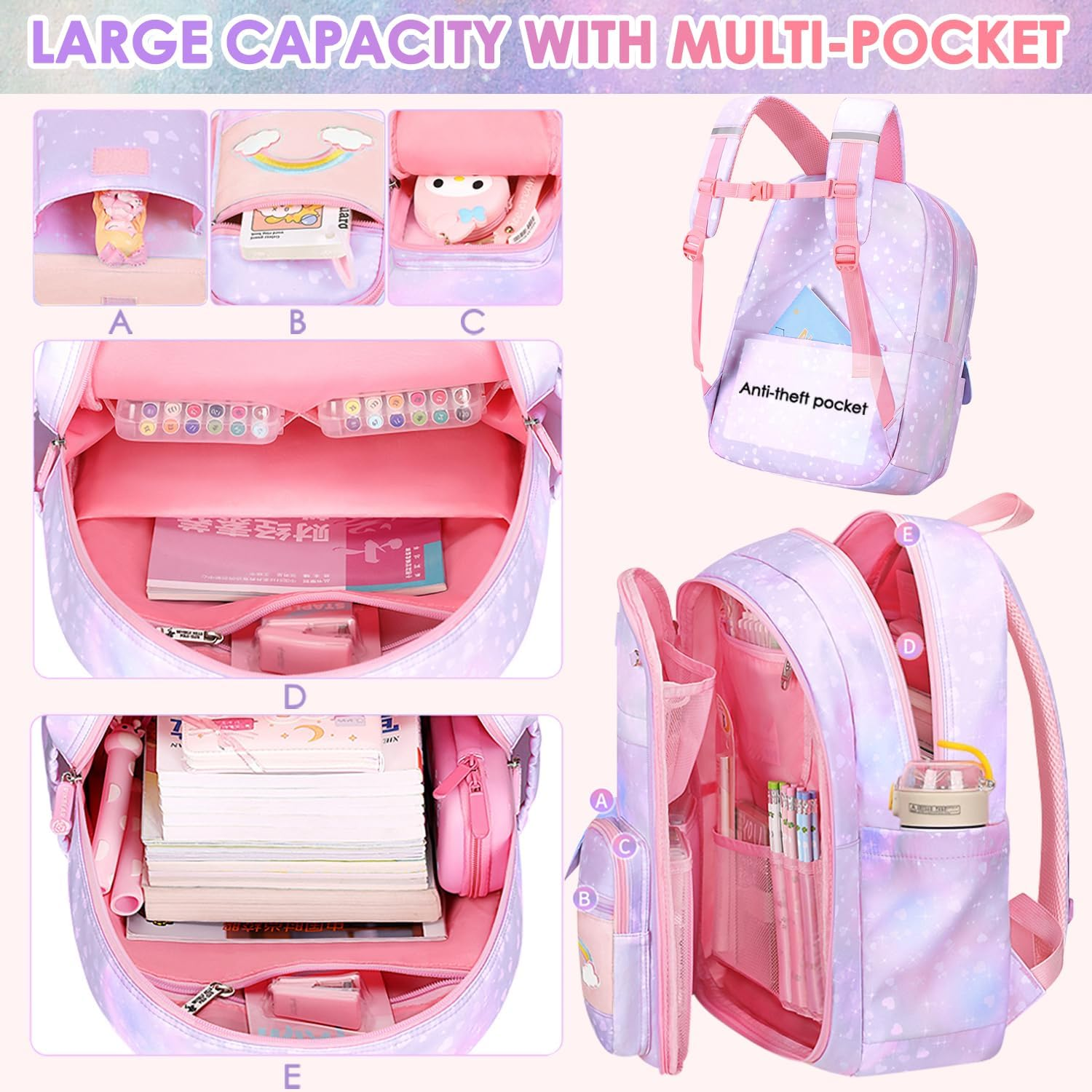 AUTOWT Backpack for Girls &ndash; Kids Backpack with Lunch Box and Pencil Pouch - Waterproof School Bag for Teen Girl Kid Students Elementary Middle School, Kids' School Bag - Pink image number 2