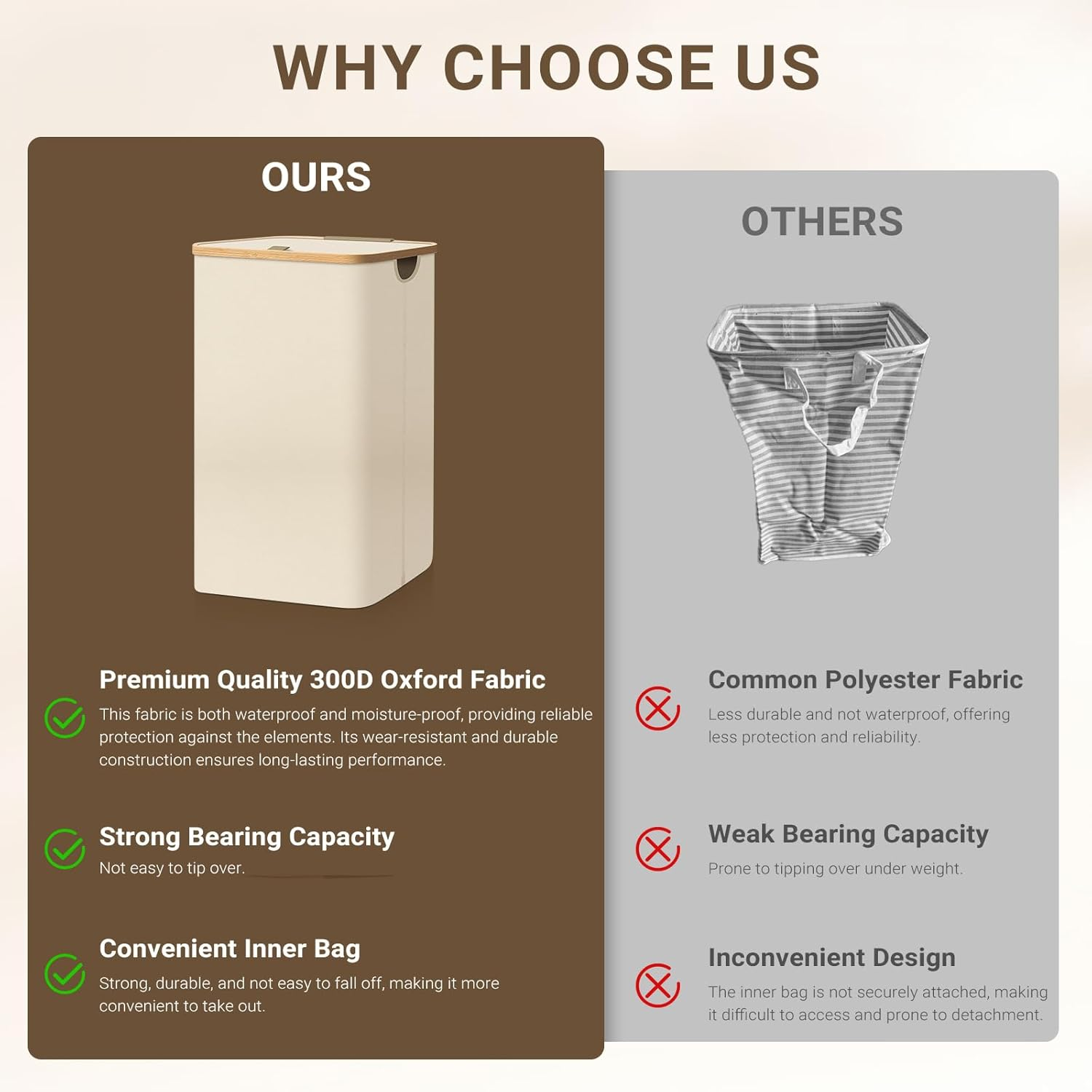 Cozi 100L Large Laundry Hamper with Lid & Bamboo Handles, Tall Dirty Clothes Basket W/Removable Inner Bag &ndash; for Bedroom, Bathroom, Dorm, Laundry Room (Beige, 40.5 &times; 33 &times; 75Cm) image number 5