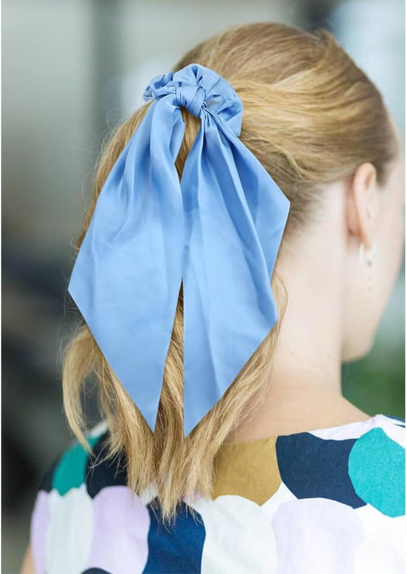 Cinaci 12 Pack Solid Silk Chiffon Stretchy Hair Ties with Long Ribbon Bow Hair Scrunchies Elastics Hairbands Ponytail Holders Rubber Bands Accessories for Women Girls image number 2