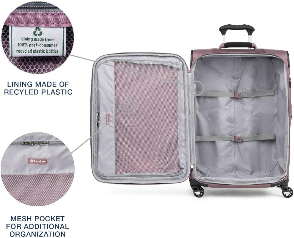 Travelpro Maxlite 5 Softside 2Pc Set Expandable Carry on Luggage with 4 Spinner Wheels/Soft Underseat Tote, Lightweight Suitcase, Men and Women, Dusty Rose Pink, Checked-Medium 25-Inch, Maxlite 5 - Dusty Rose Pink image number 3