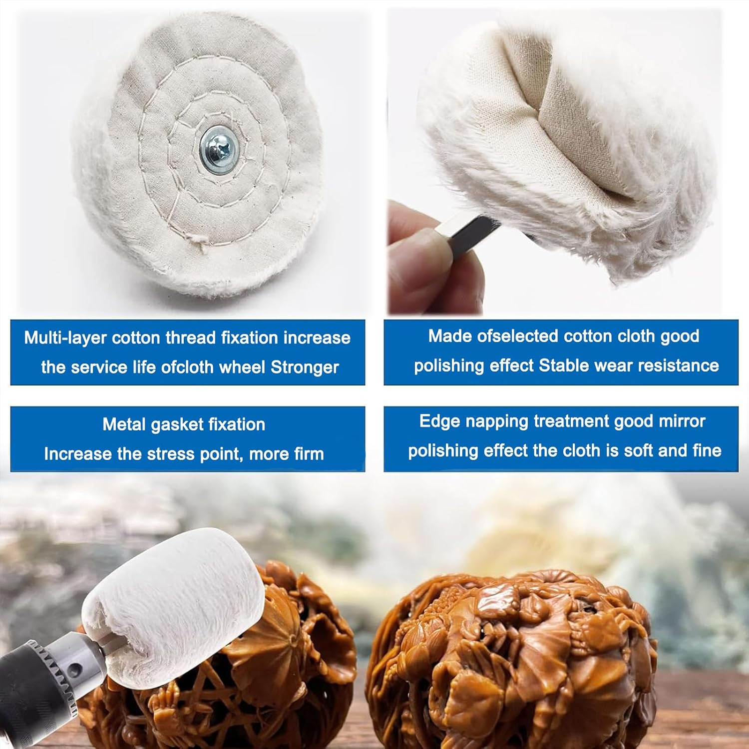 10PCS Buffing Wheel Kit for Drill - Polishing Pads Set for Metal, Aluminum, Stainless Steel, Chrome, Jewelry, Wood, Plastic, Ceramic & Glass image number 6