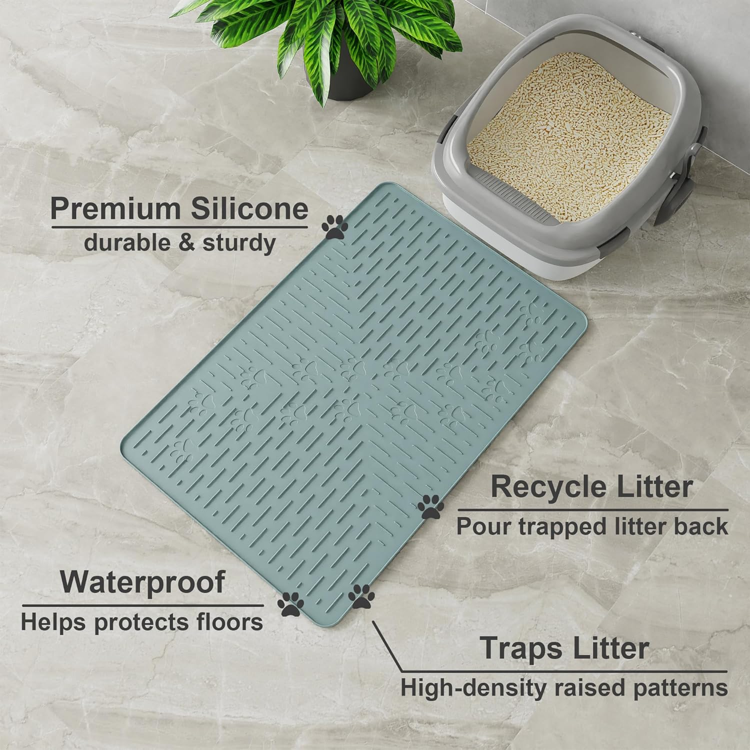 OHMO Premium Silicone Cat Litter Tray Mat, 60 X 40 Cm, Waterproof and Bpa-Free, Cat Litter Tray Mat, Easy to Clean and Keeps Your Home Clean (Light Blue) - Lightblue image number 5