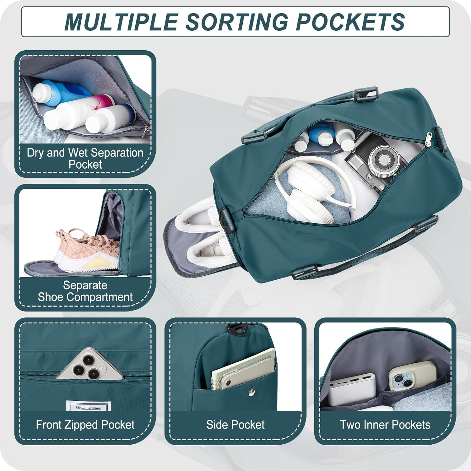 Pakembl Gym Bag Womens Mens with Shoes Compartment and Wet Pocket,Travel Duffel Bag for Women for Plane,Sport Gym Tote Bags Swimming Yoga,Waterproof Weekend Overnight Bag Carry on Bag Holdalls A7 image number 2