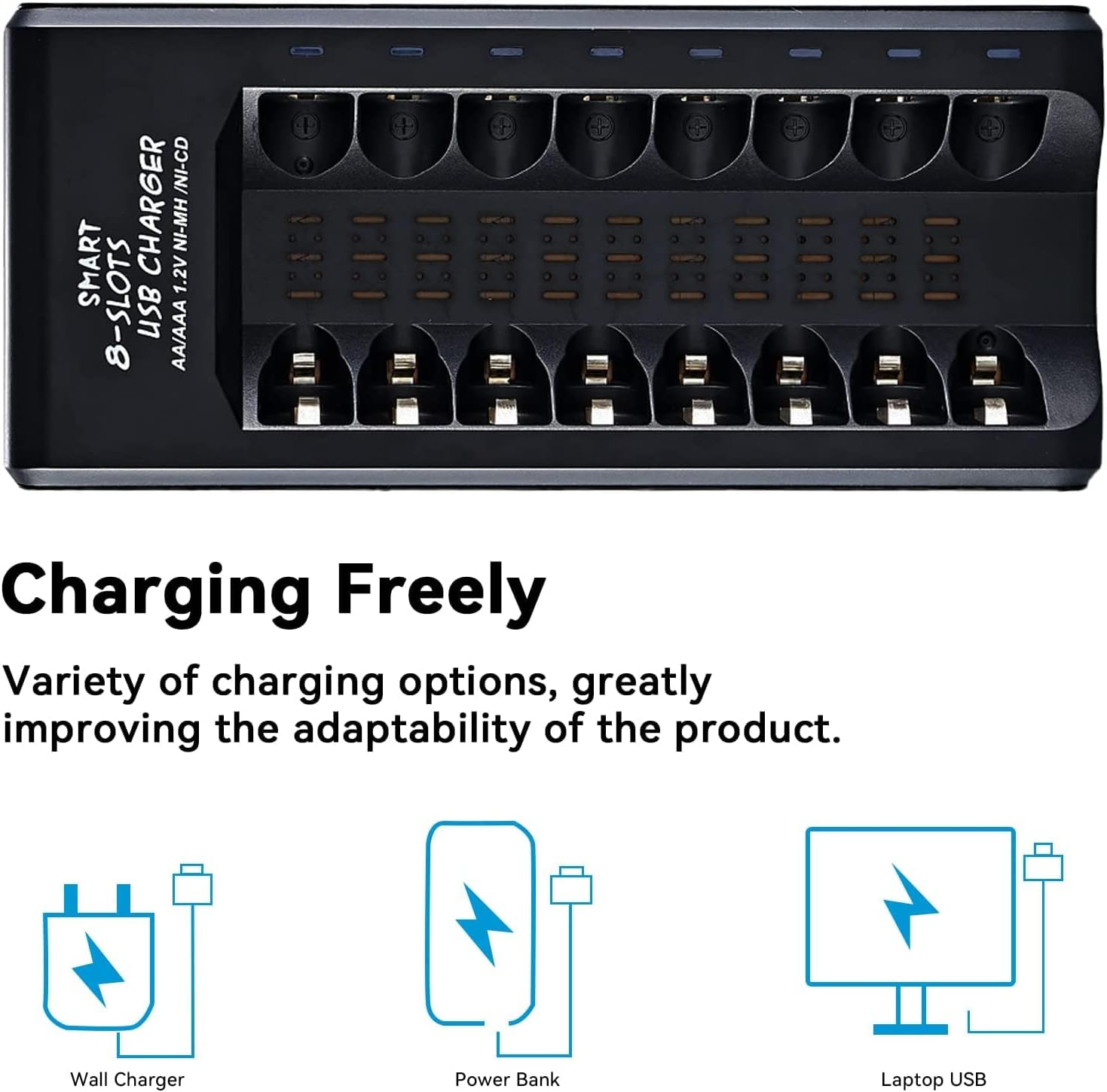 8 Bay AA AAA Battery Charger Individual Fast Charger with Charging Function for Ni-Mh Ni-Cd AA AAA Universal Battery Charger with LCD, Micro USB Input for AA and AAA Rechargeable Batteries image number 4