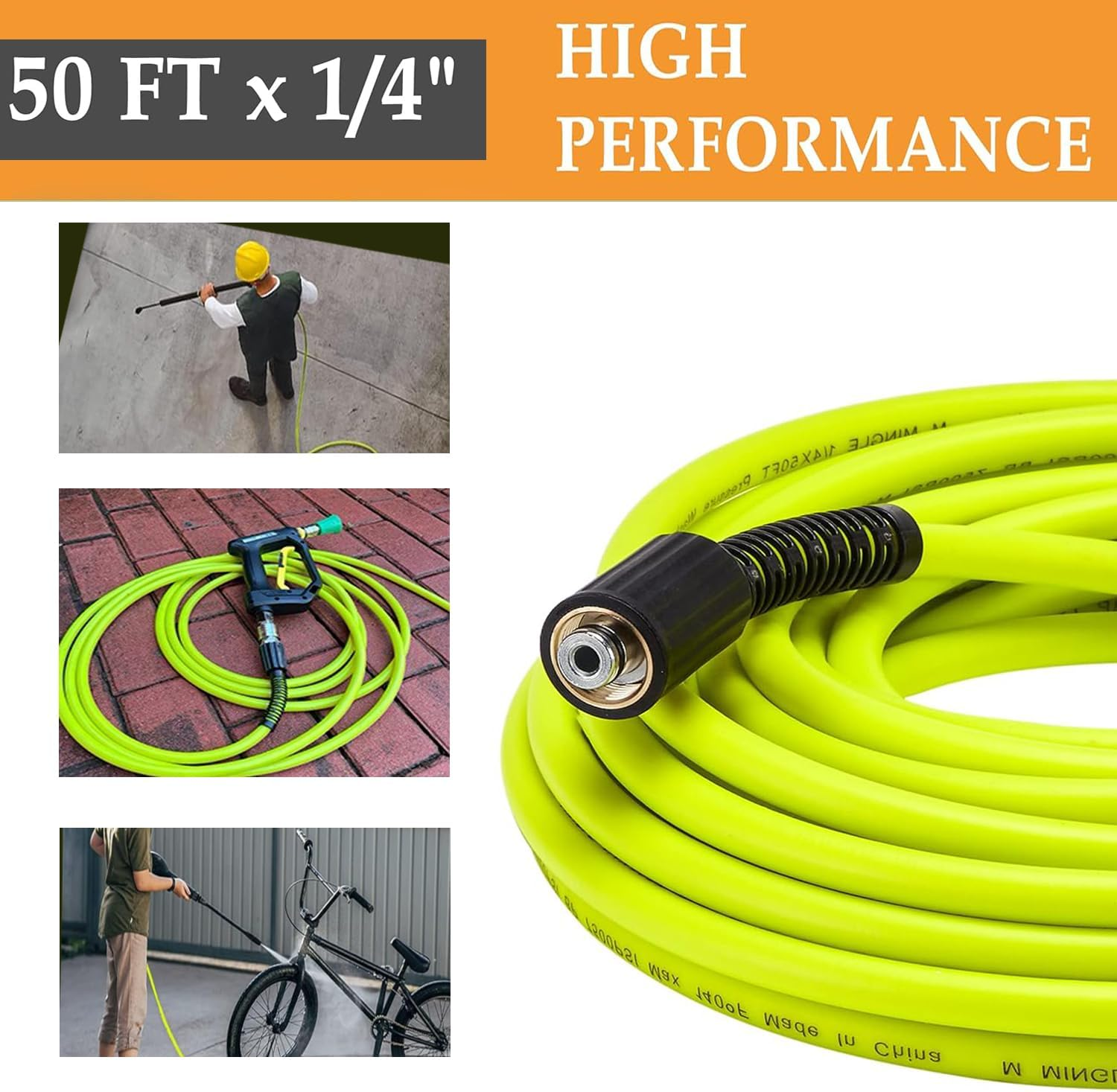 Pressure Washer Hose 50FT X 1/4" - Universal Replacement with Quick Connect Kits & M22 14Mm Fittings - 3200PSI