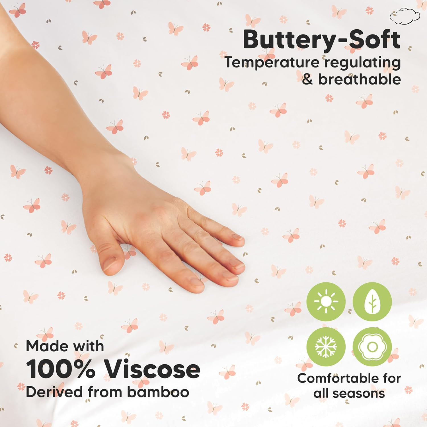 2-Pack Mini Cot Sheets Fitted - Bamboo Baby Cot Sheets Fitted for Pack N Play Mattress 97X66Cm, Soft & Cozy, Neutral Toddler Playard Bedding, Snug Mini Baby Crib Mattress Cover Boy, Girl (Butterflies) - Bunnies image number 5