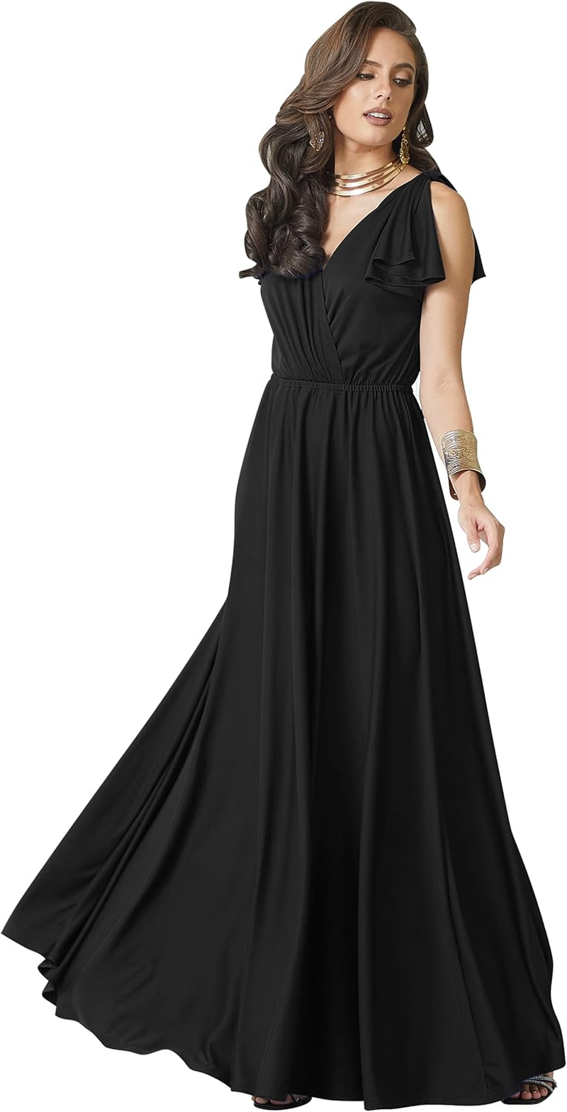Koh Koh Womens Long V-Neck Ruffle Sleeveless Bridesmaid Prom Gown Maxi Dress