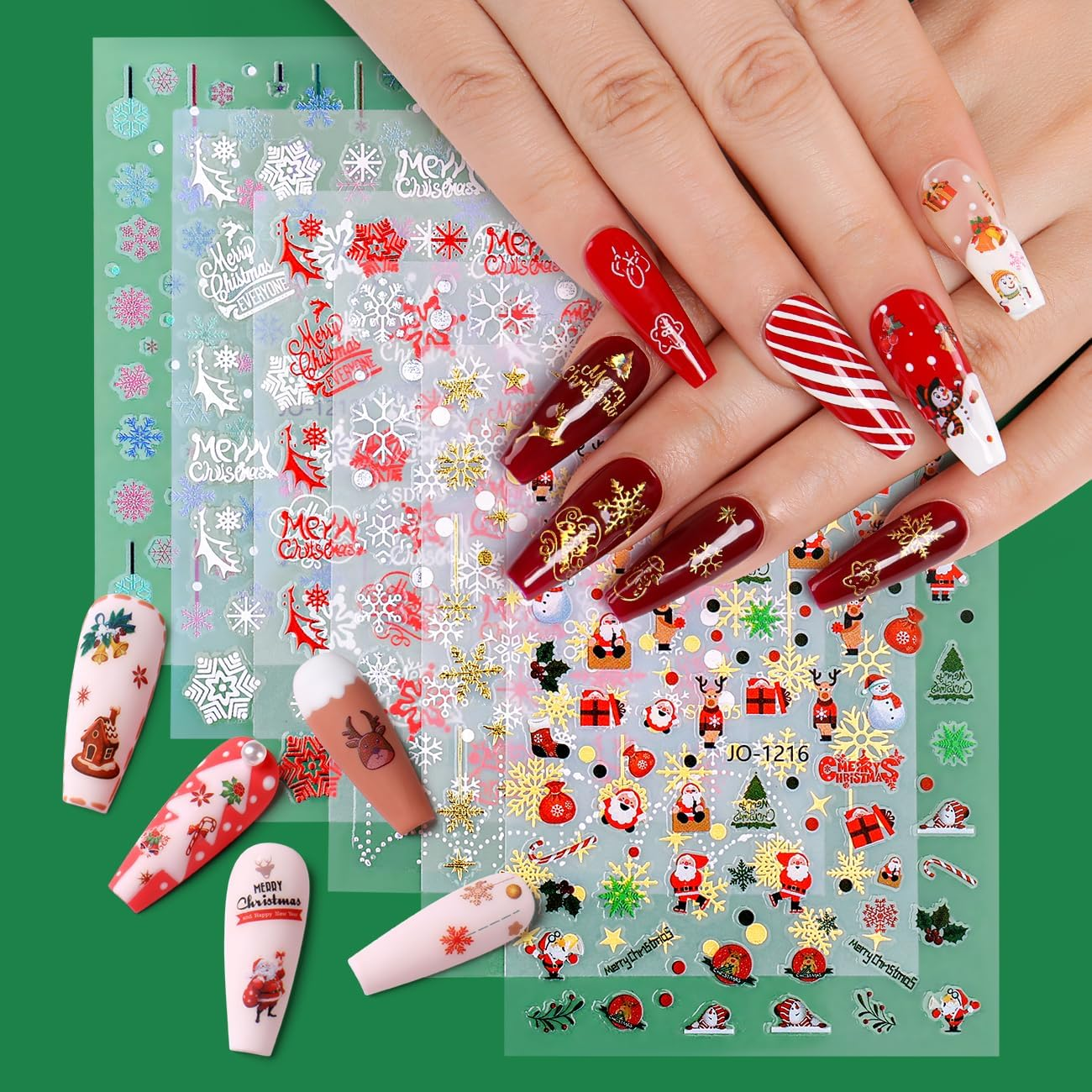 AIMEILI Christmas Nail Art Sticker 3D Snowflakes Nail Decals Colorful Snowmen Reindeer Bell Merry Christmas Tree Holiday Nail Stickers for Nail Art 40 Sheets image number 6