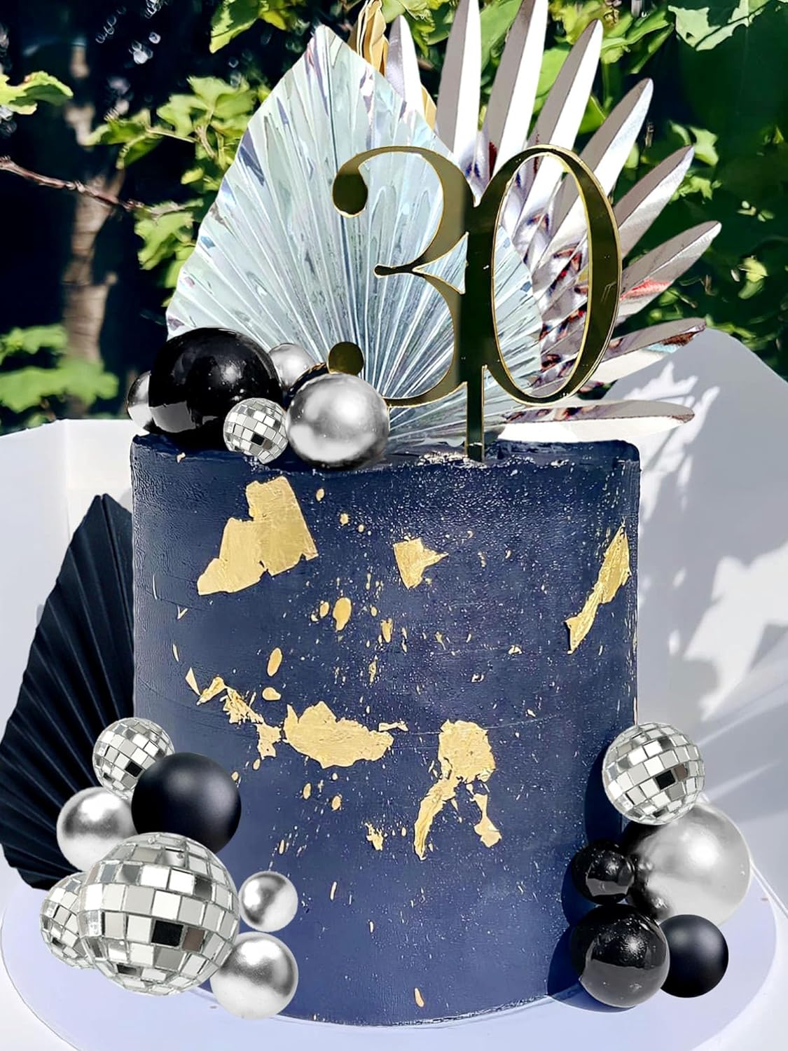 Jevenis Black Sliver Disco Balls Cake Decoration Silver Palm Leaves Cake Decoration Stars Cake Decoration 70S Party Supplies 70S Birthday Cake Decoration Disco Bachelorette Party Supplies image number 1