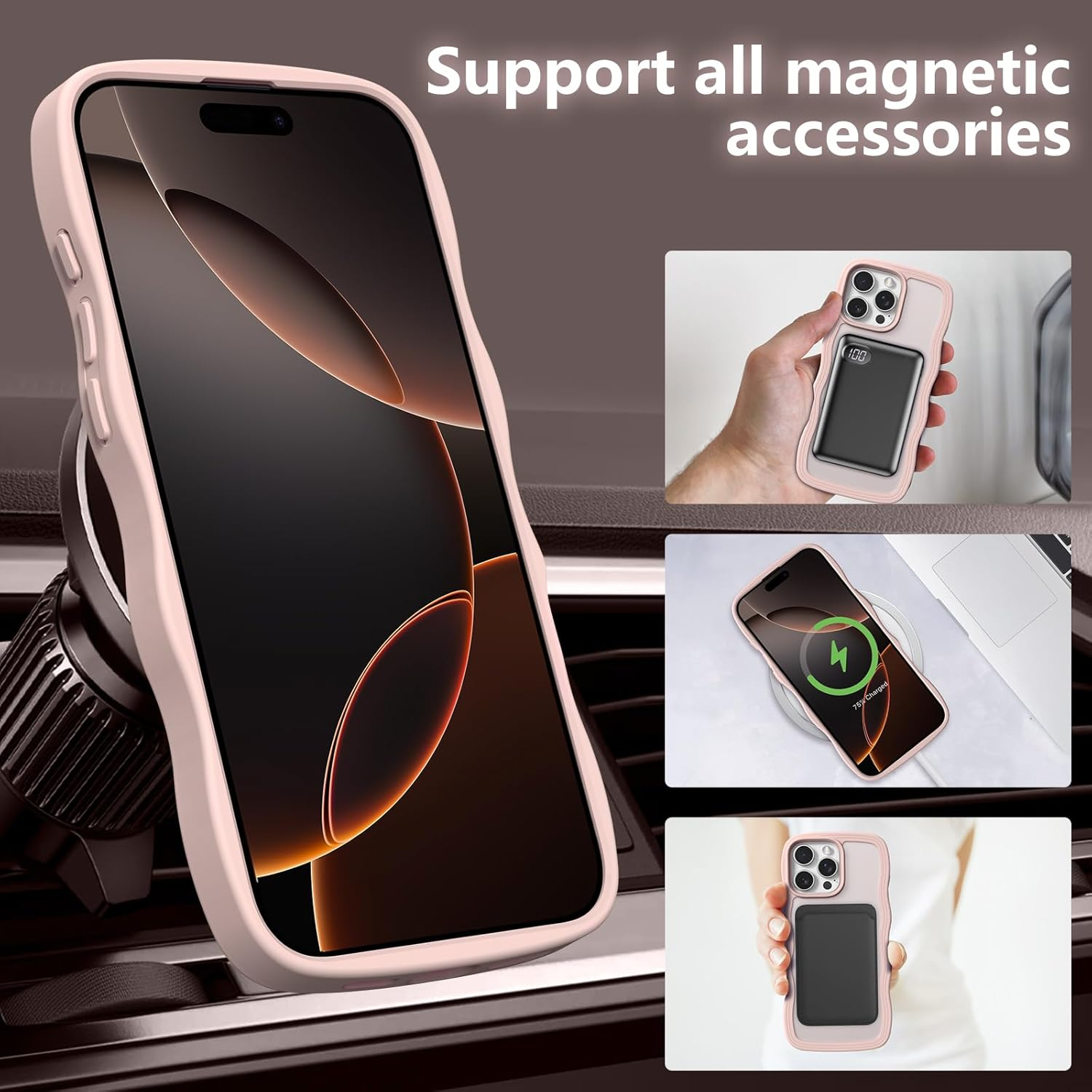 ZTOFERA for Iphone 16 Pro Magnetic Case, Wave Frame Curly Shape Translucent Slim Compatible with Magsafe Bumper Shockproof Protective Phone Cover, Pink image number 3