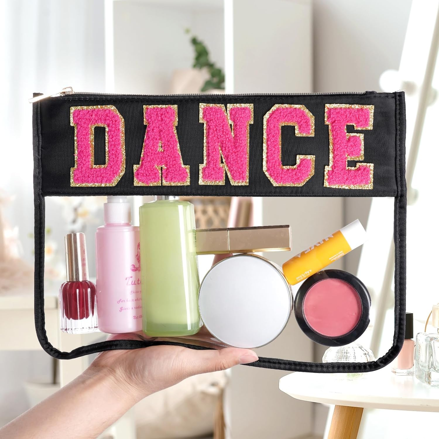 Chenille Letter Bag, Clear Flat Pouches with Zipper, Clear Makeup Letter Bag, Black-Dance, 11.8X8.7 Inch - Black-Things image number 2