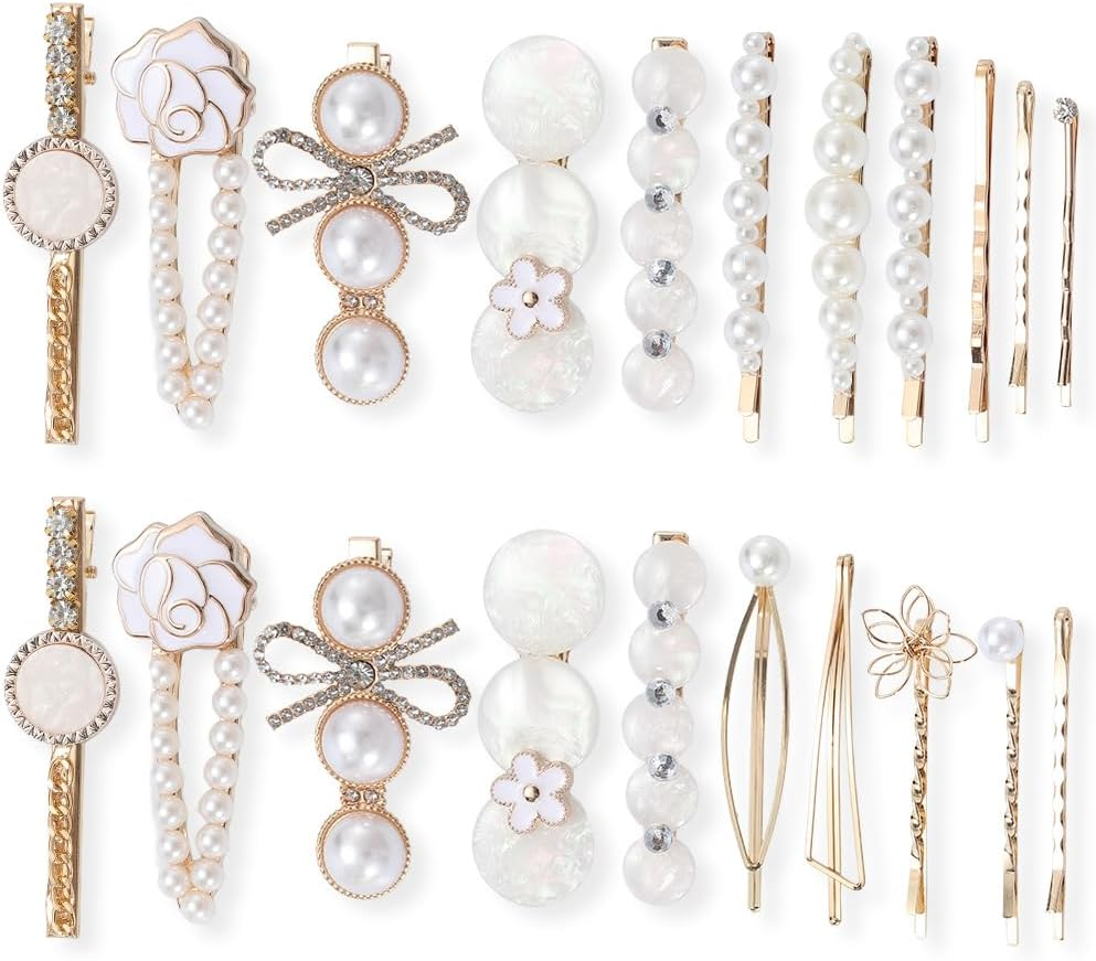 SOFPLATE 22Pcs 4 Styles White Pearl Hair Barrette Bobby Pin Hair Clips Elegant Alloy Gold Flower Leaf Triangle Decorative Headwear Accessories Kit for Long Short Wedding Party Hairstyle DIY Decoration image number 3