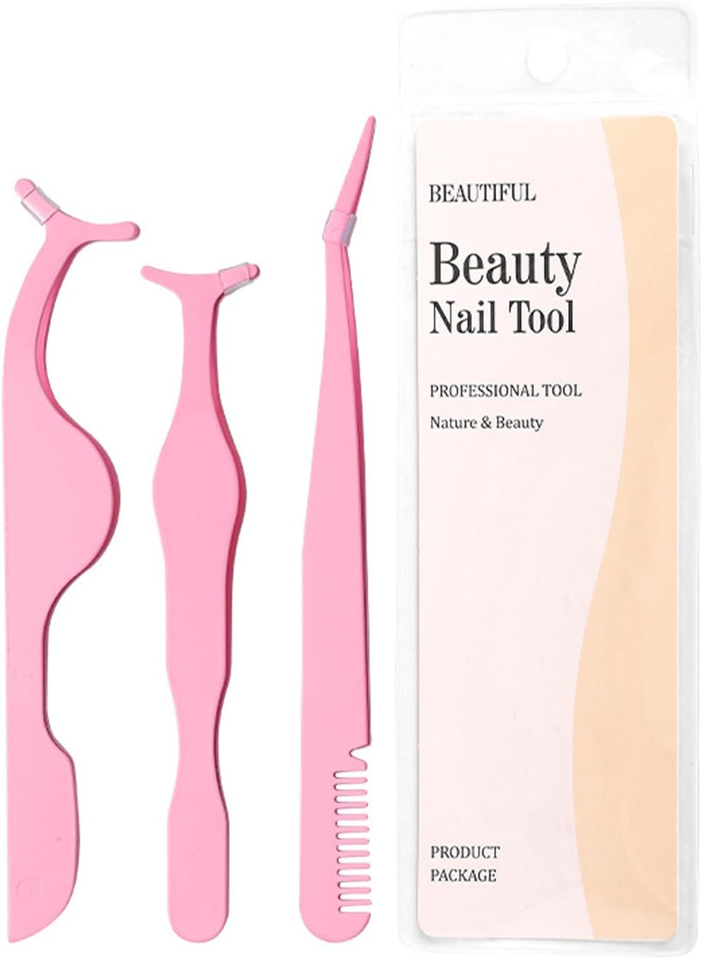 TORMEN Eyelash Tweezers Set 3 Pcs Stainless Steel Lash Applicator Tool Kit for Women False Curved Straight and Comb Tweezers for Eyebrow Trimming Makeup Beauty Care (Pink)