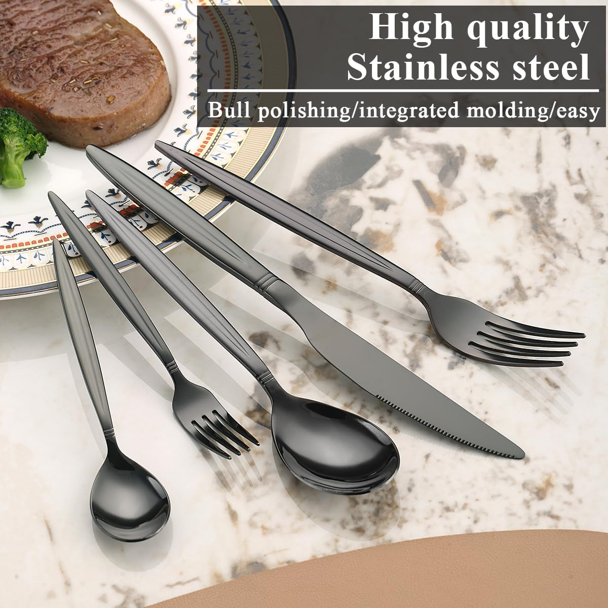 Black Cutlery Set 30 Pieces Service for 6, Berglander Titanium Black Plated Stainless Steel Flatware Set, Knives Forks Spoons Silverware Set - A.30 Pieces image number 3