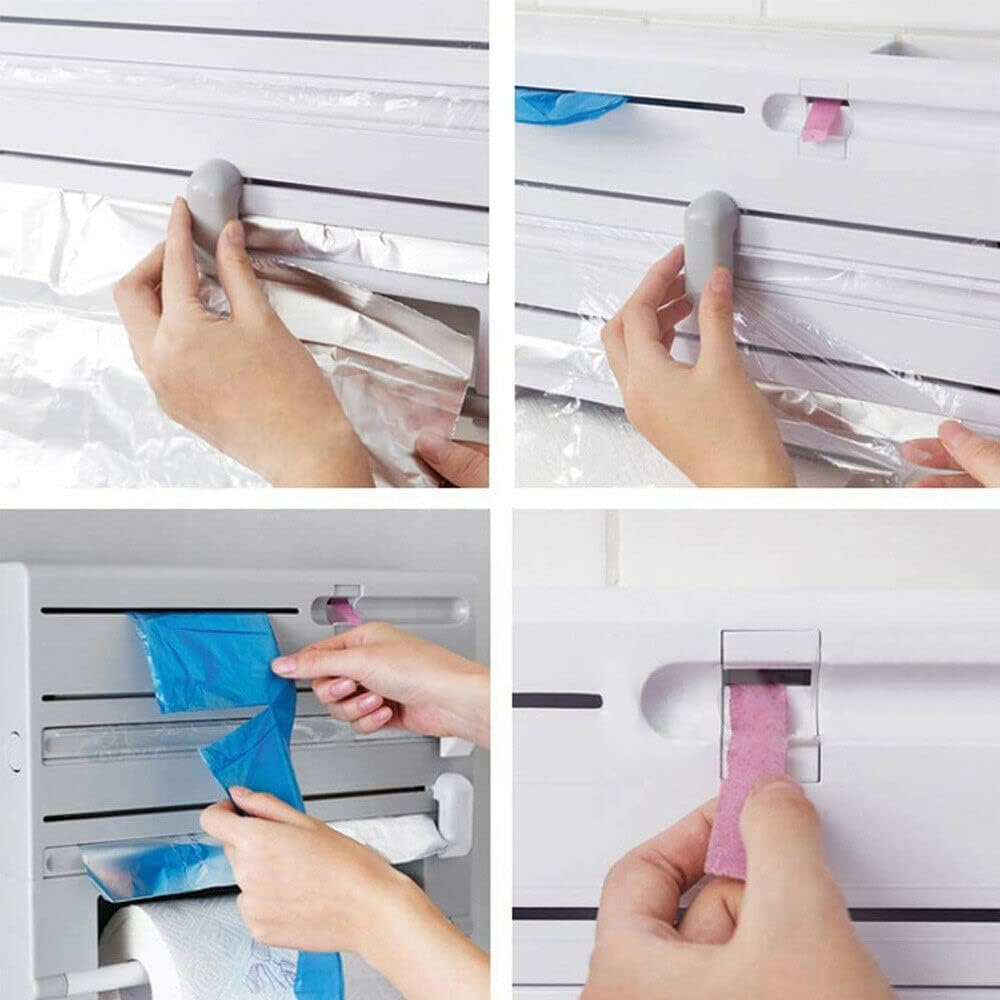 6 in 1 Kitchen Cling Film Foil Dispenser Paper Towel Holder Sause Bottle Storage (Grey)
