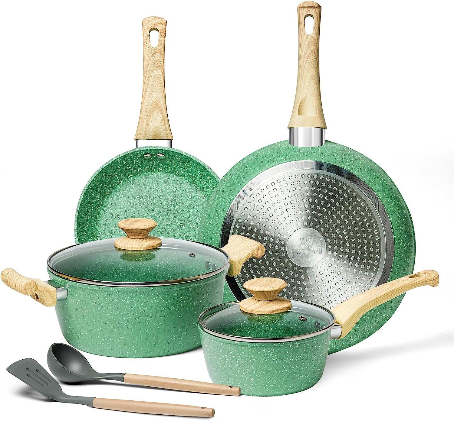 Innerwell Pots and Pans Set, 8 Pieces Non Stick Cookware Set, Gold Granite Stone Nonstick Cookware Set, Induction Kitchen Cookware Sets, Cooking Set W/Frying Pan, Saucepan, Casserole, PFOA&PFAS Free