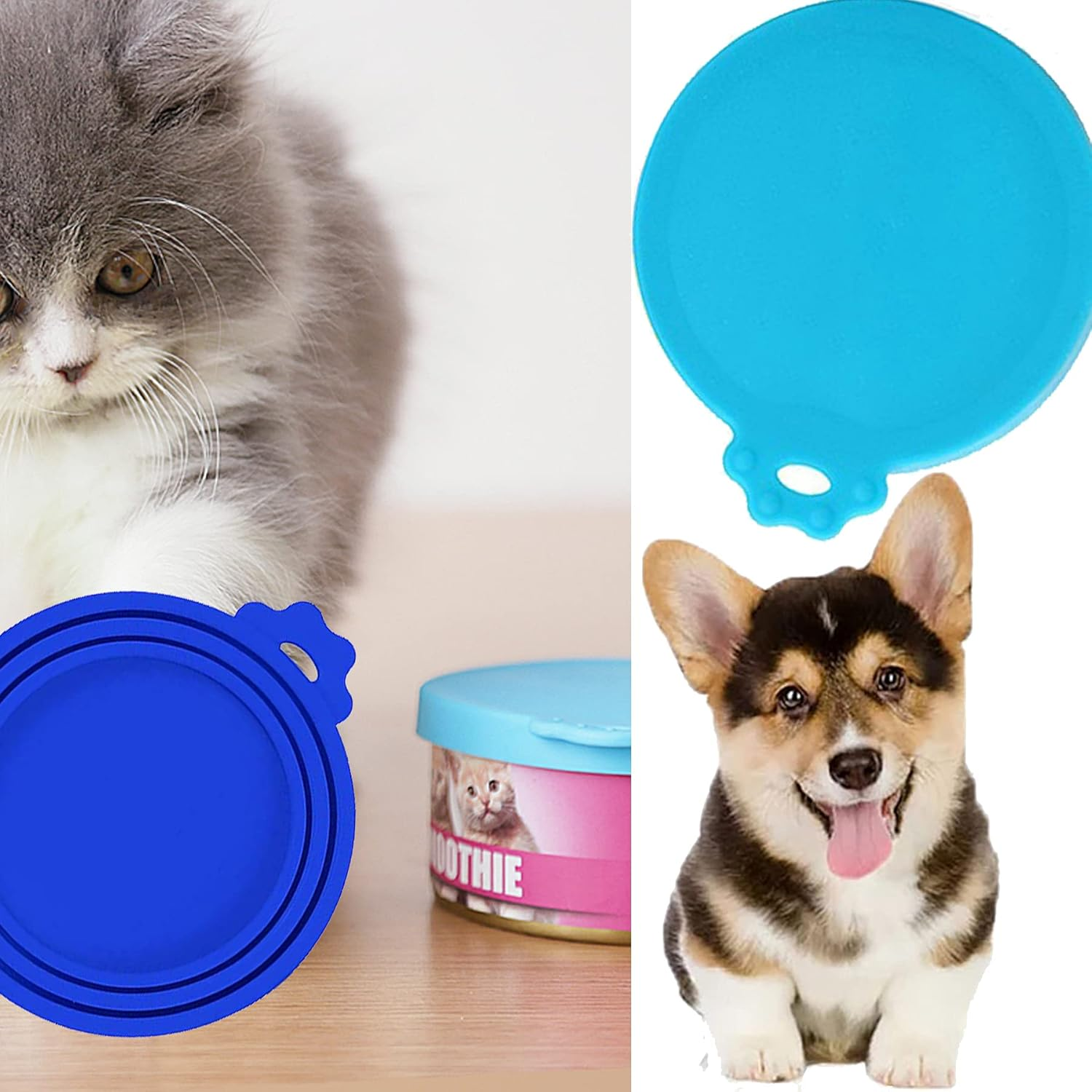 WOHENI Pet Food Lids, Silicone Can Lids and Stainless Pet Food Spoons, Universal Can Cover Fits Most Standard Size Dog and Cat Can Tops, Cat Dog Food Lids for Canned Food (4 Pack+2 Spoons) image number 4