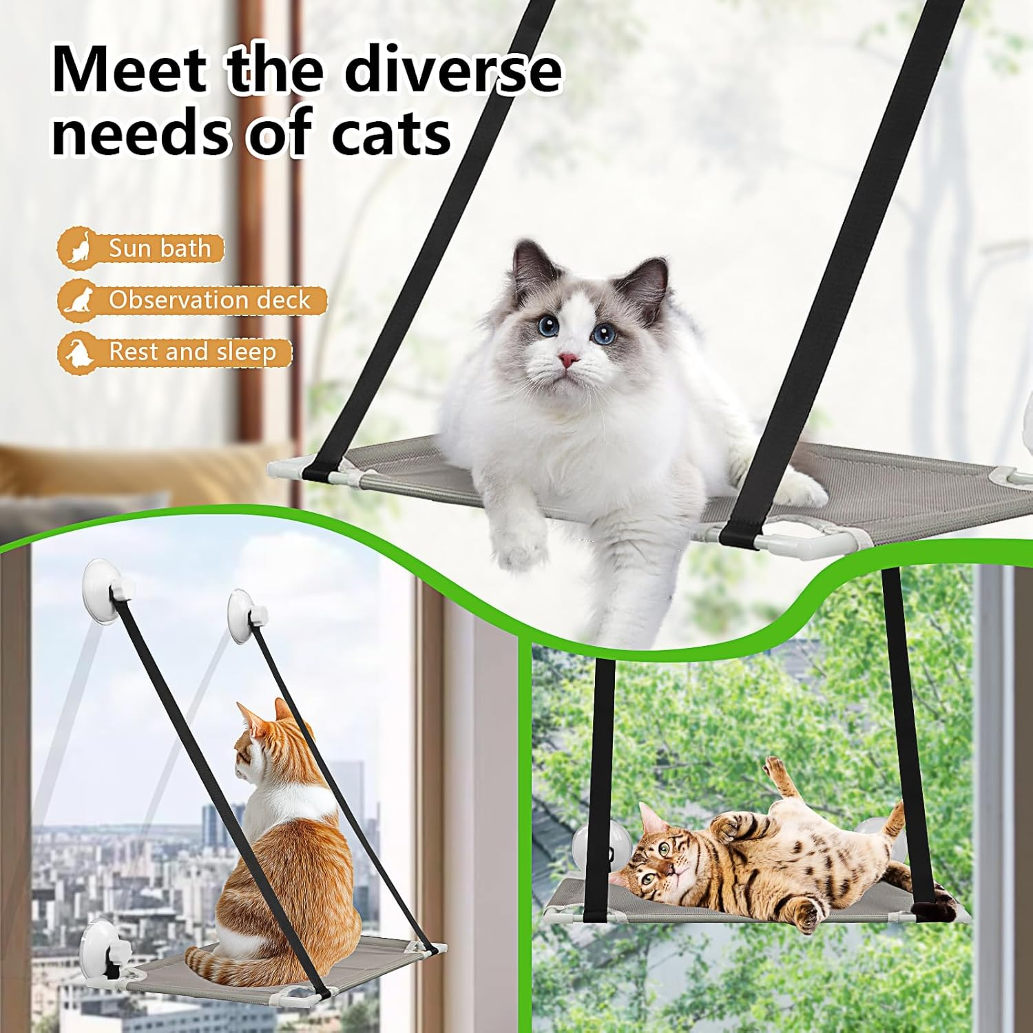 Cat Hammocks Window, Window Mounted Cat Basking Hammock, Sunny Seat Window Cat Perches with 4 Upgrade Strong Suction Cups Holds up to 22Lbs, Cat Window Sill Bed for Glass to Space Saving