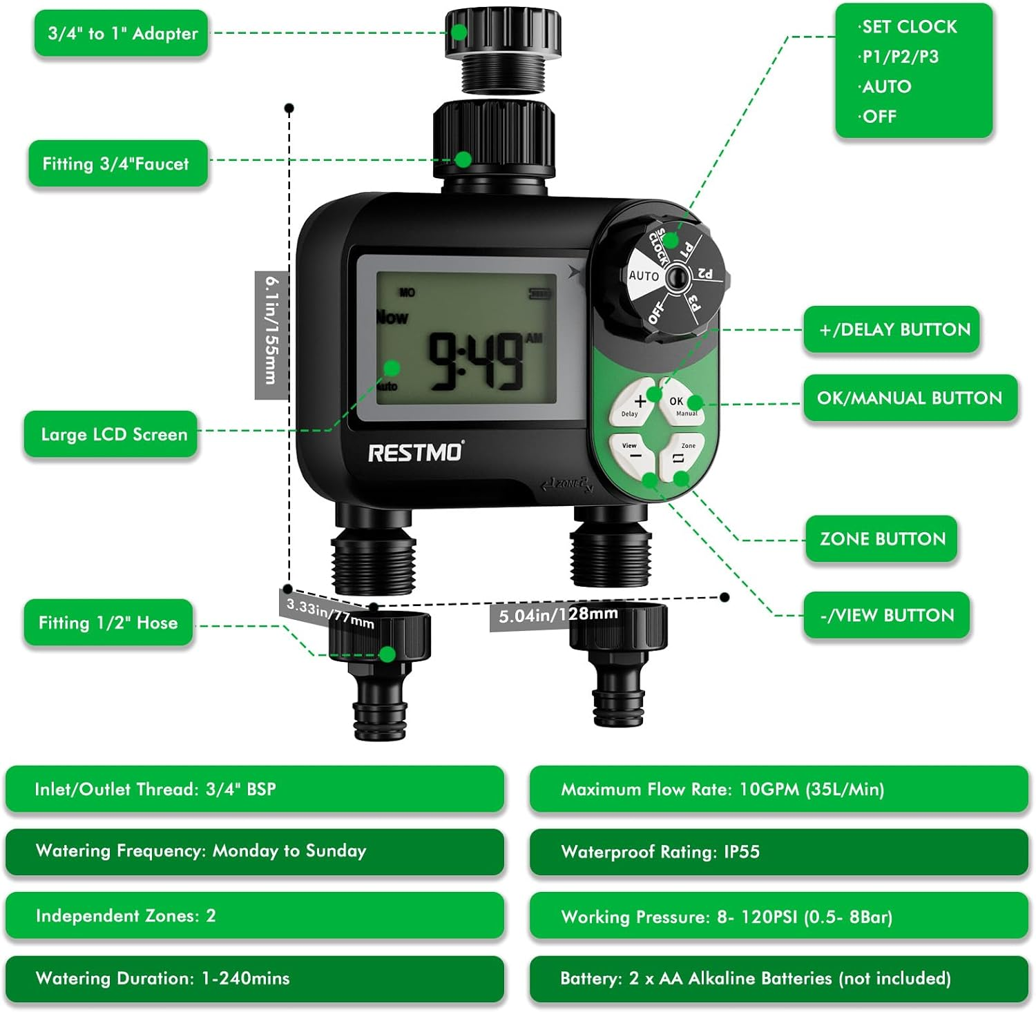 Restmo Water Timer with 3 Separate Programs, 7-Day Programmable Sprinkler Timer for Garden Hose, Automatic Control/Manual/Rain Delay for Drip Irrigation, Lawn and Yard Watering System, 2 Zone image number 6