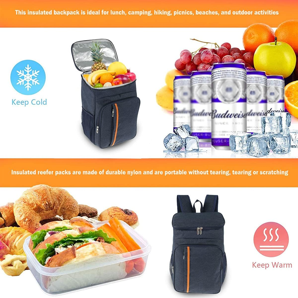 Cooler Backpack 20L Leakproof Insulated Backpack Multiple Pockets Picnic Backpack Large Capacity Cooler Bag Insulated Large Picnic Beer Bag Backpack Freezer for Camping Hiking Beach (Navy Blue) image number 1