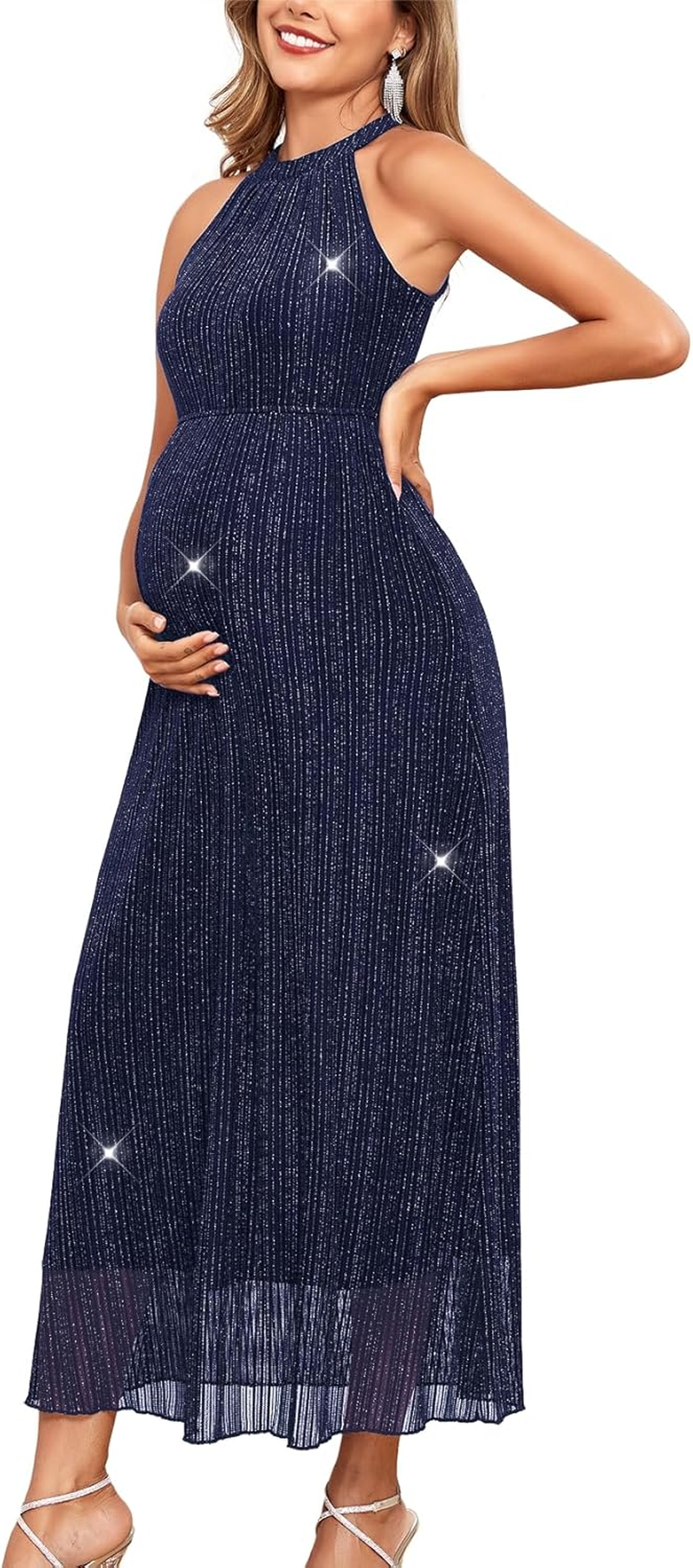 Maternity Sparkly Mesh Dress Halter Neck Sleeveless a Line Pregnancy Dresses Semi Formal Baby Shower Photoshoot image number 2