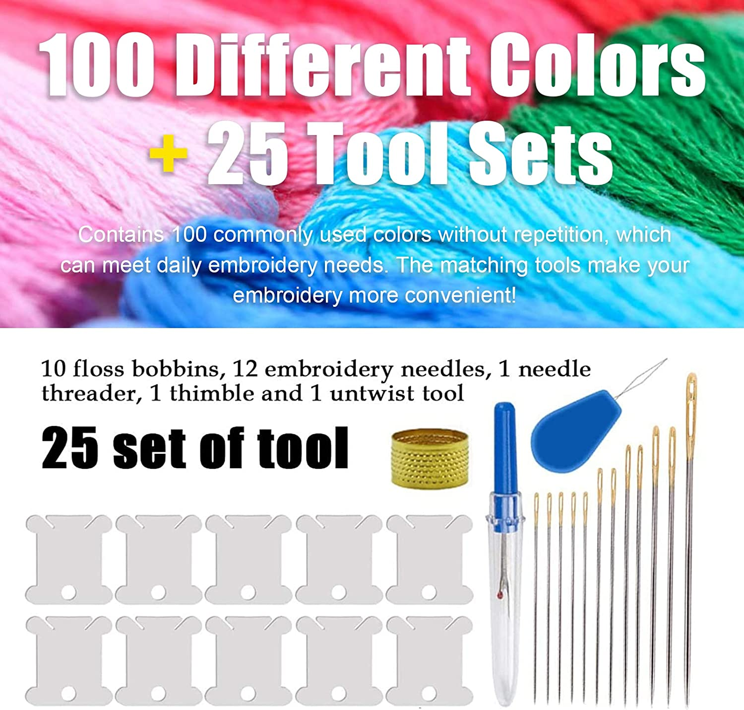 Embroidery Threads Set 100 PCS with 25 Sewing Tools Cross Stitch Starter Threads Embroidery Sewing Floss Kit for Beginners DIY Crafts image number 5