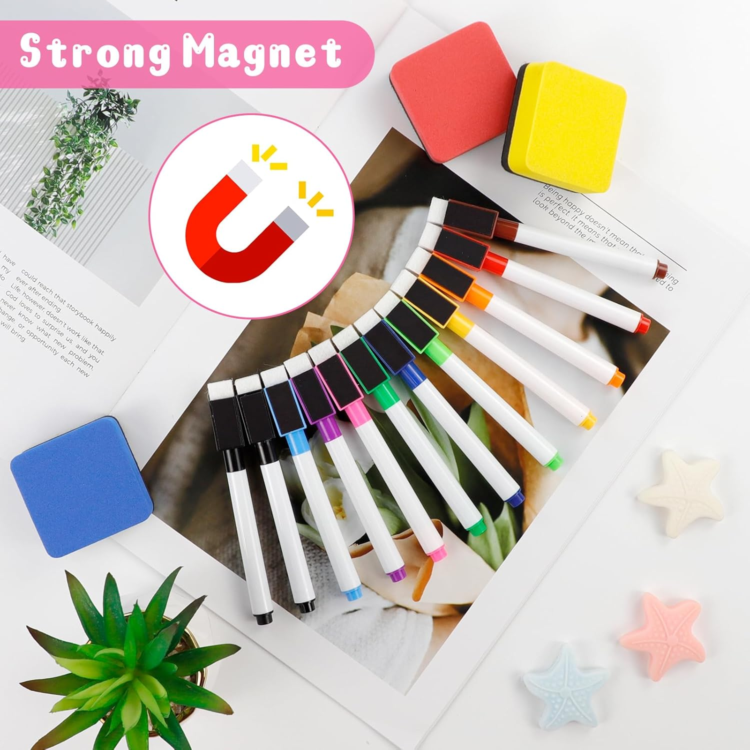 YRYUNRUI 36 PCS Magnetic Dry Erase Markers with Erasers Cap & 3 Dry Erase Eraser, 11 Colors Whiteboard Markers Fine Point Tip, Mini Dry Erase Pens Bulk for Kids School Office Home
